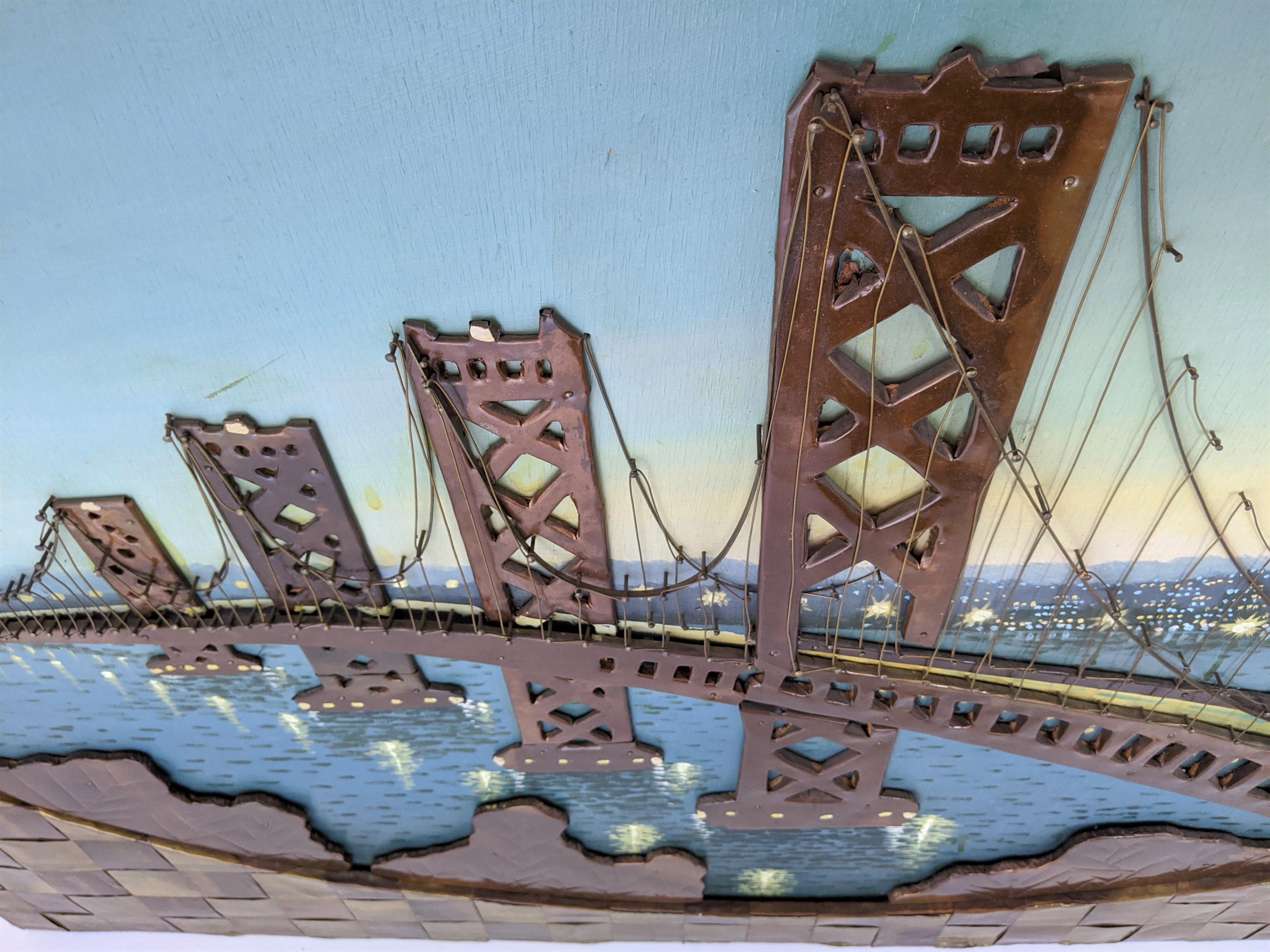 1960s Huge Brass and Copper Wall Art with a Painting of the Bay Bridge, USA For Sale 7