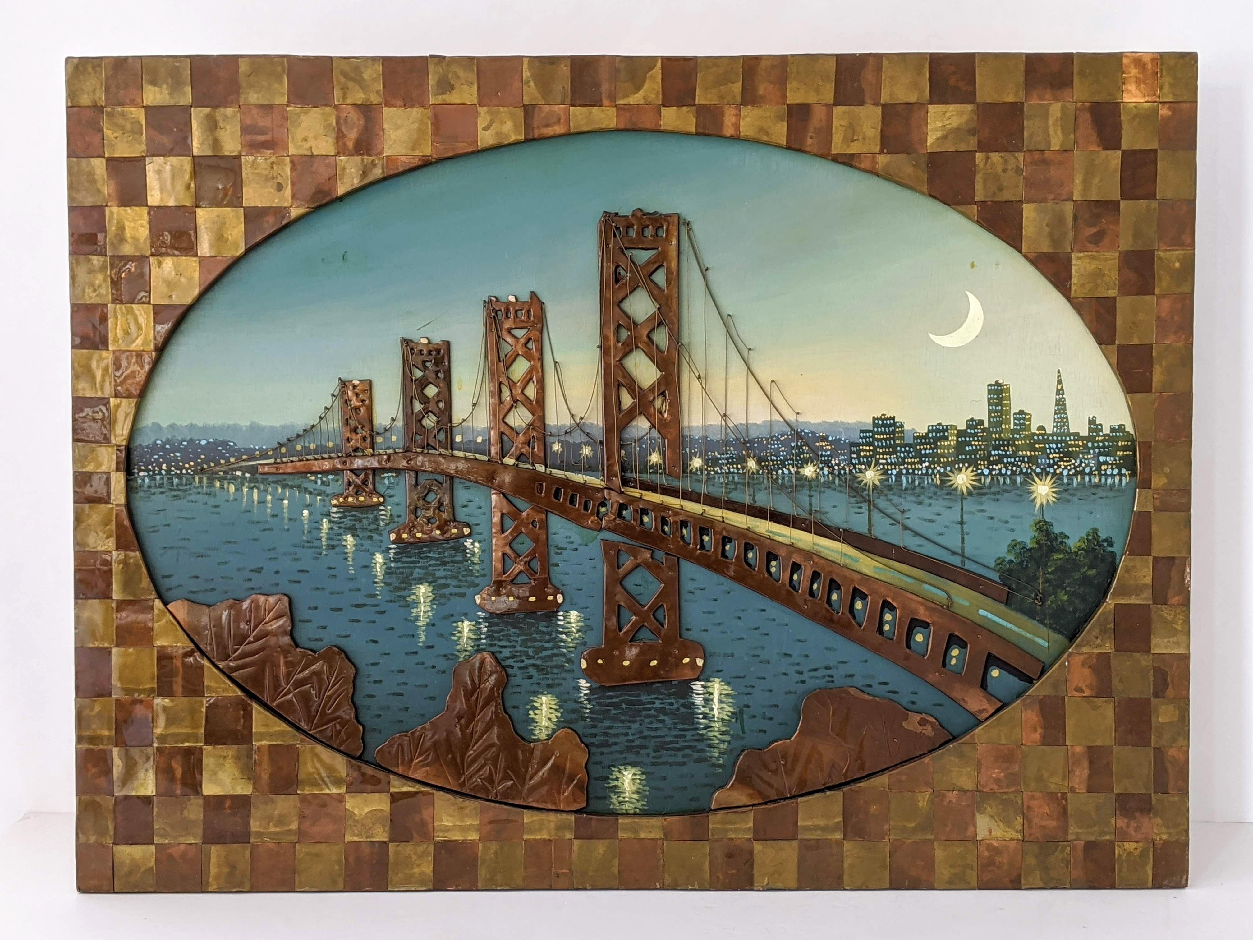 1960s Huge Brass and Copper Wall Art with a Painting of the Bay Bridge, USA For Sale 9