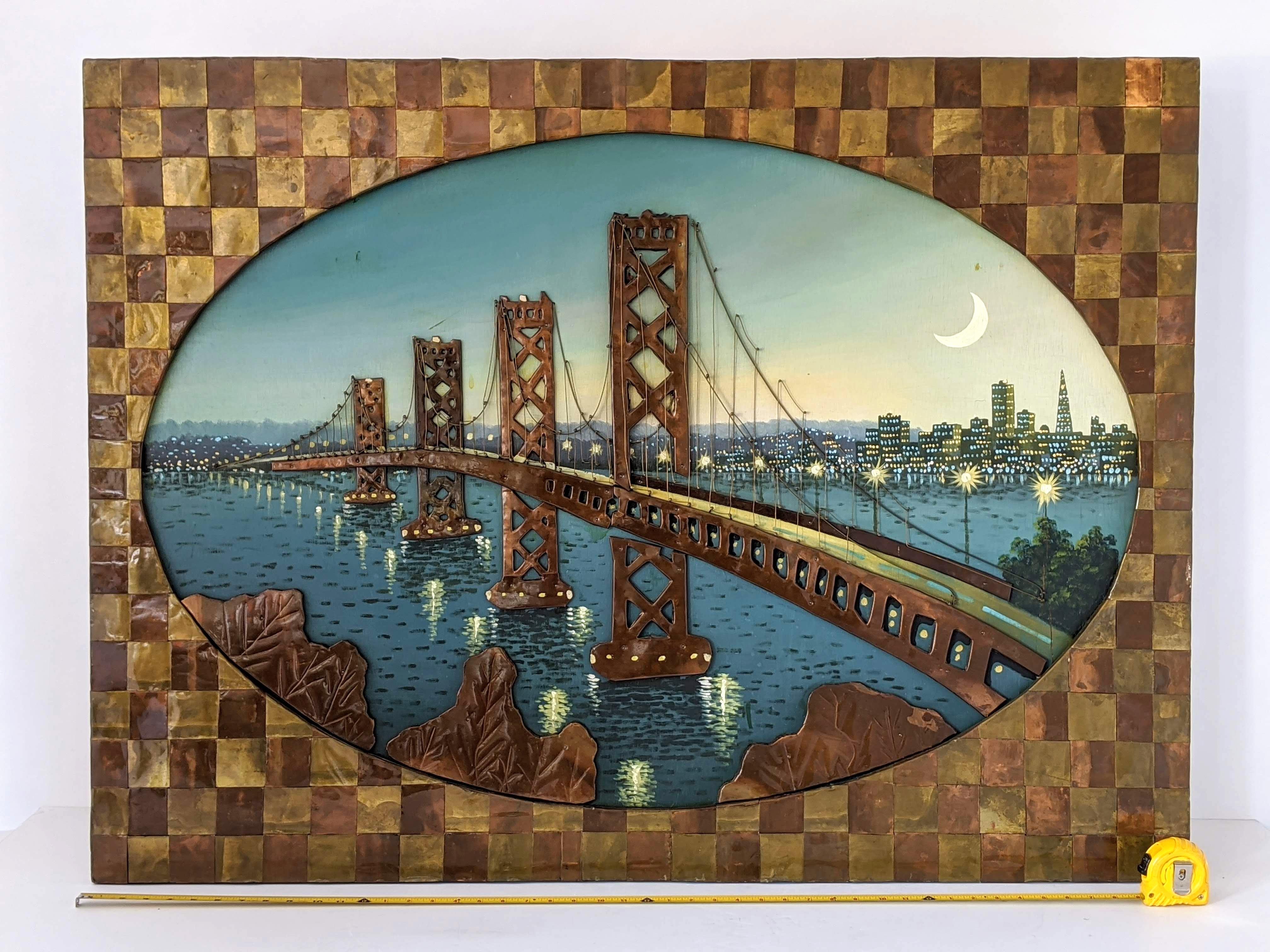 A well made sculptural assemblage of brass and copper sheet with a lacquered finish combined with a painting of the Bay bridge made by unknowed talentuous artist in the 1960s.

Measure: 48 in. wide by 36 in. high by 3/4 in. thick.

  