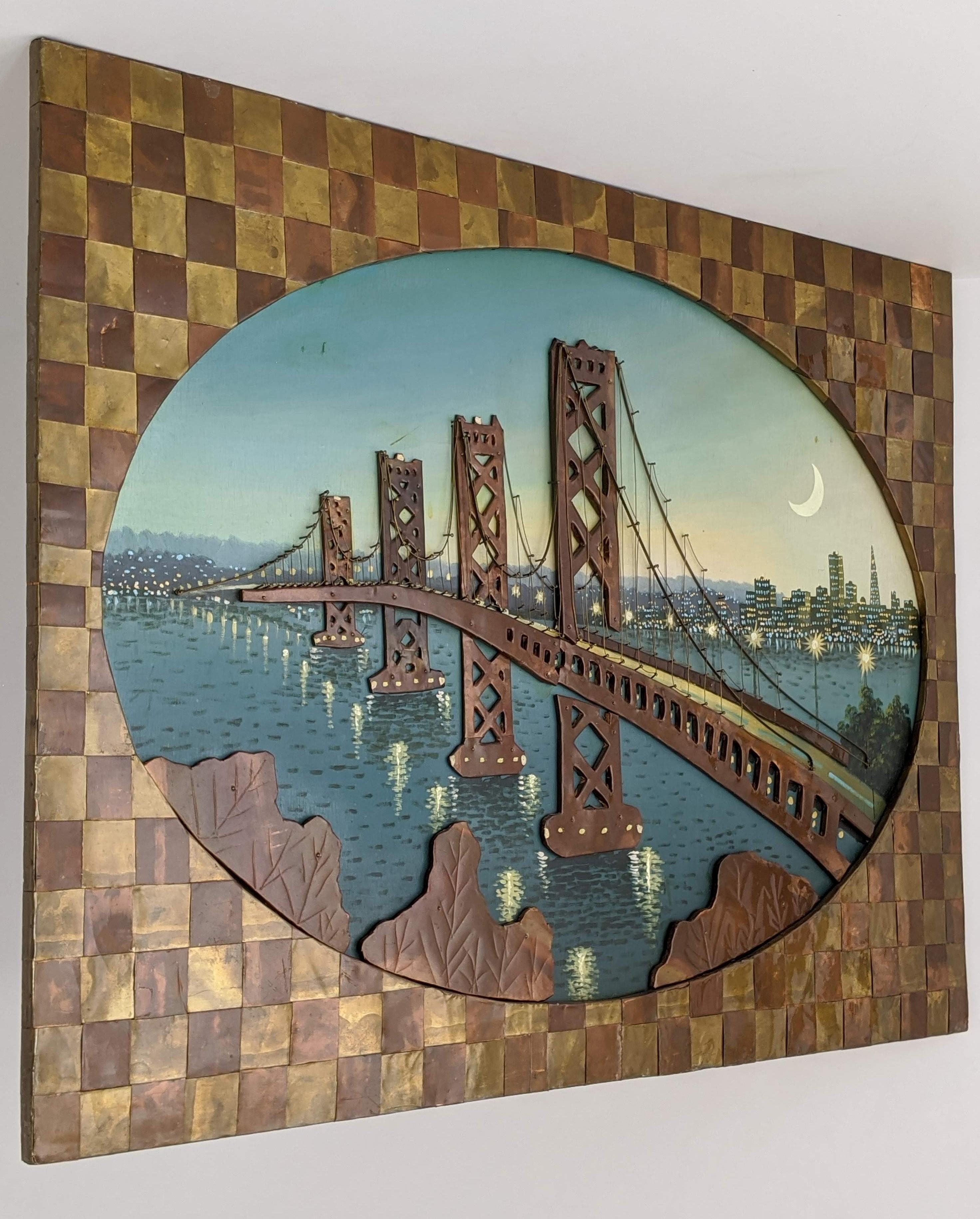 Große Wandkunst aus Messing und Kupfer aus den 1960er Jahren mit einem Gemälde der Bay Bridge, USA (Moderne der Mitte des Jahrhunderts) im Angebot