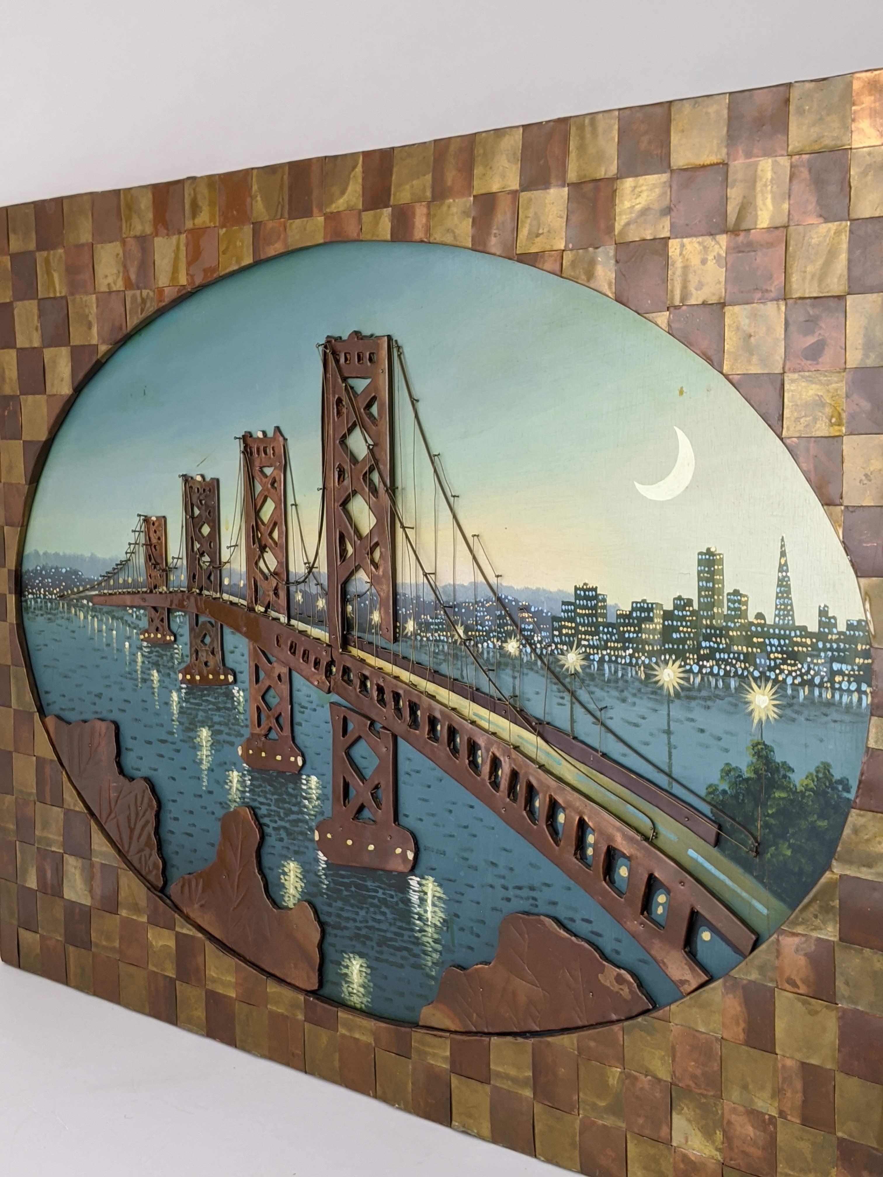 Mid-Century Modern 1960s Huge Brass and Copper Wall Art with a Painting of the Bay Bridge, USA For Sale