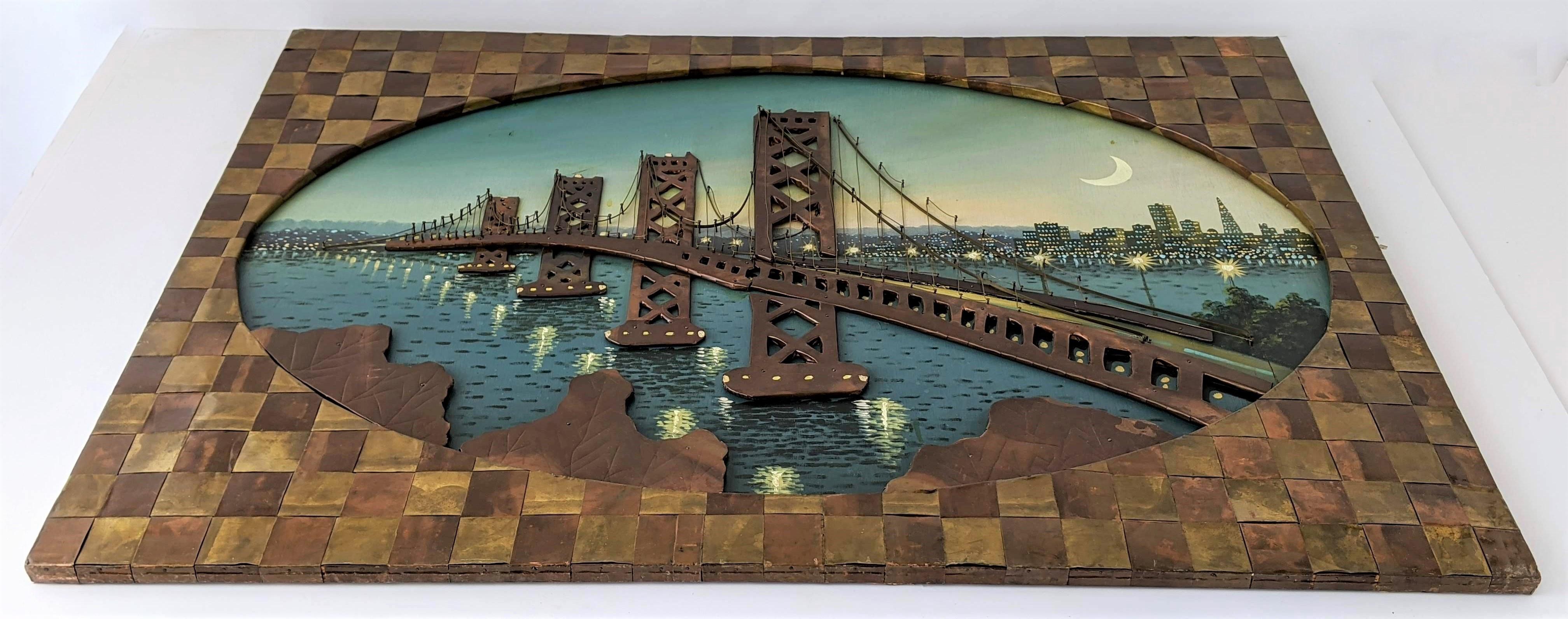 American 1960s Huge Brass and Copper Wall Art with a Painting of the Bay Bridge, USA For Sale