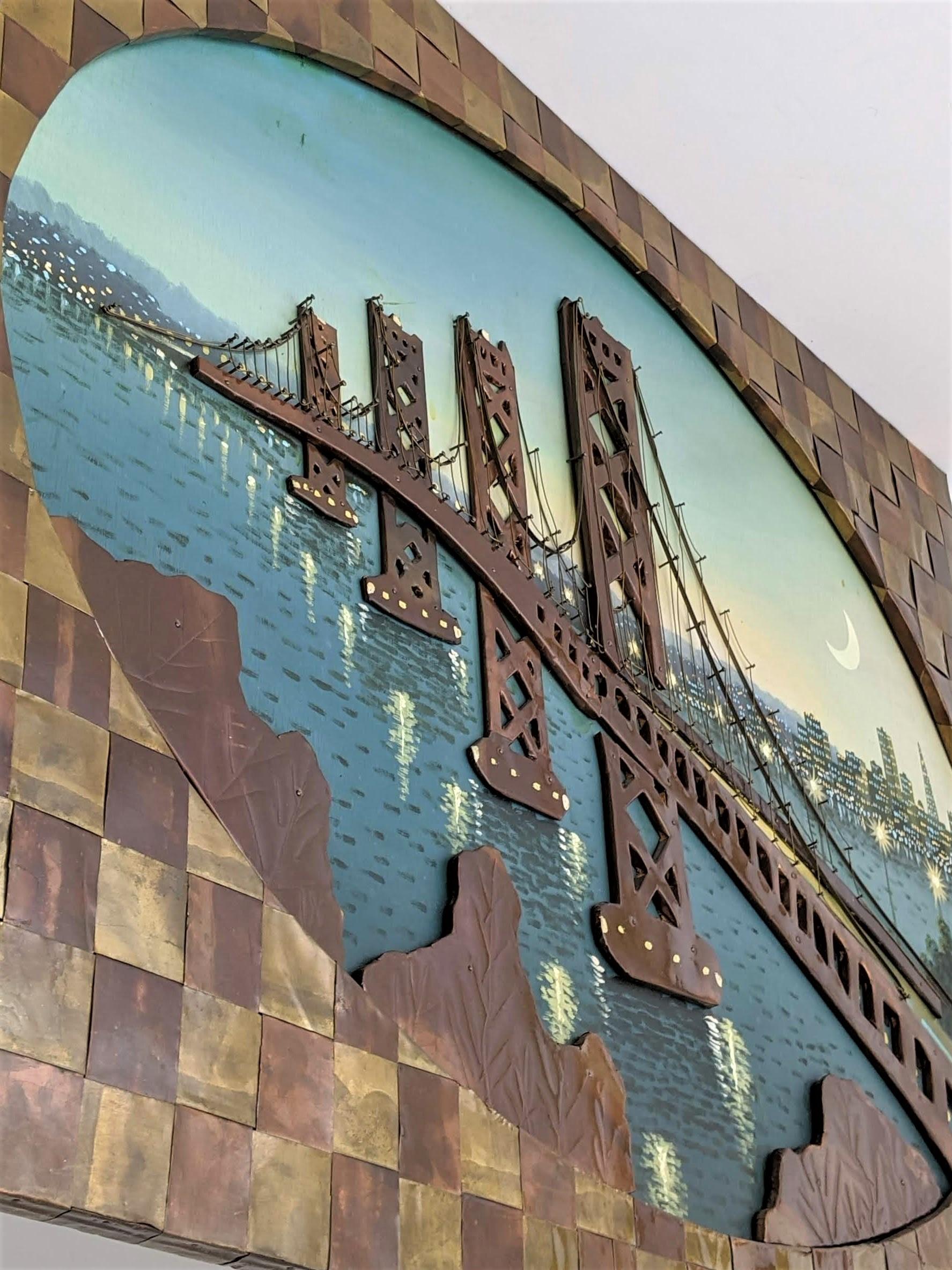 1960s Huge Brass and Copper Wall Art with a Painting of the Bay Bridge, USA In Good Condition For Sale In St- Leonard, Quebec