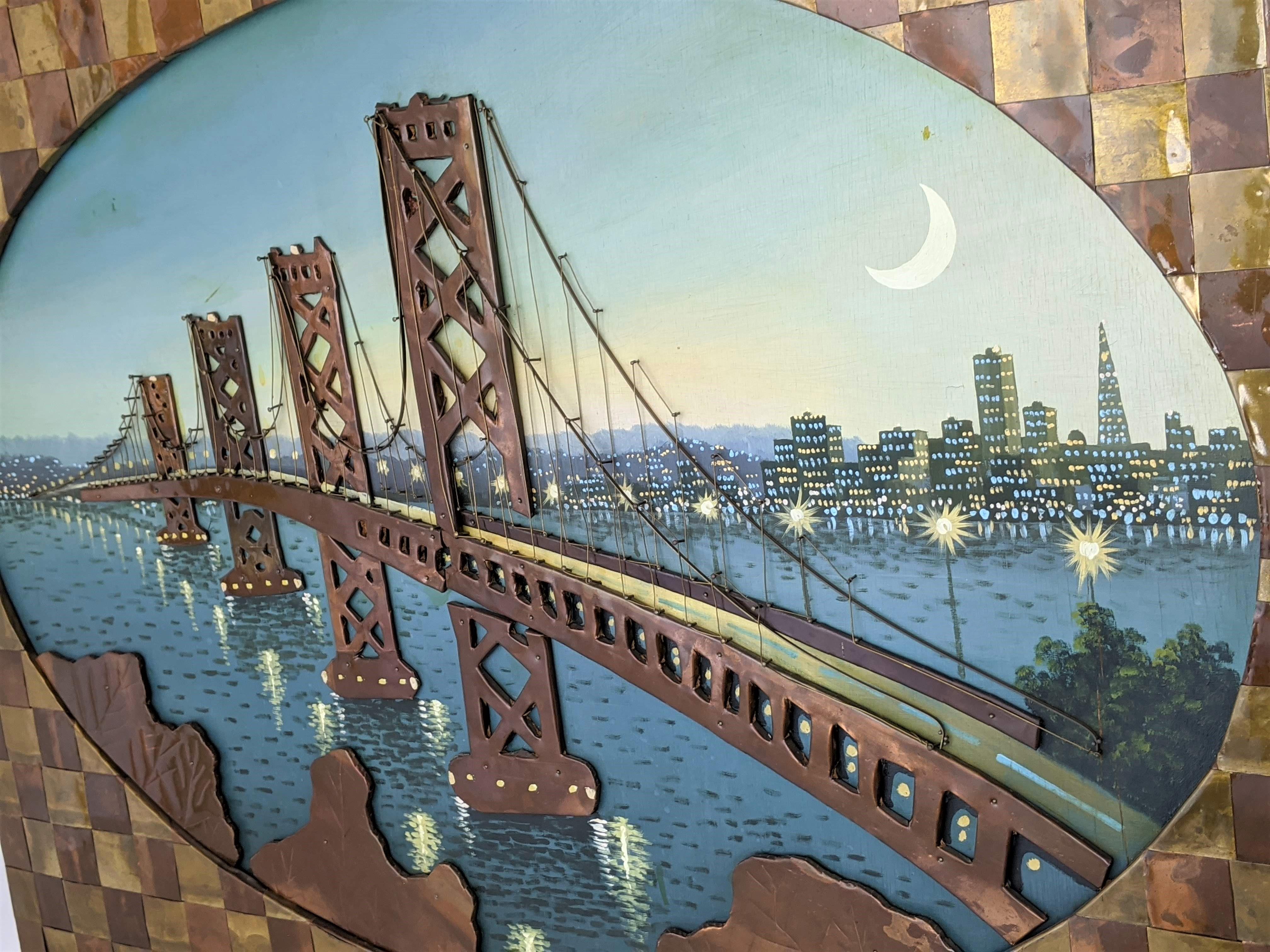 Mid-20th Century 1960s Huge Brass and Copper Wall Art with a Painting of the Bay Bridge, USA For Sale