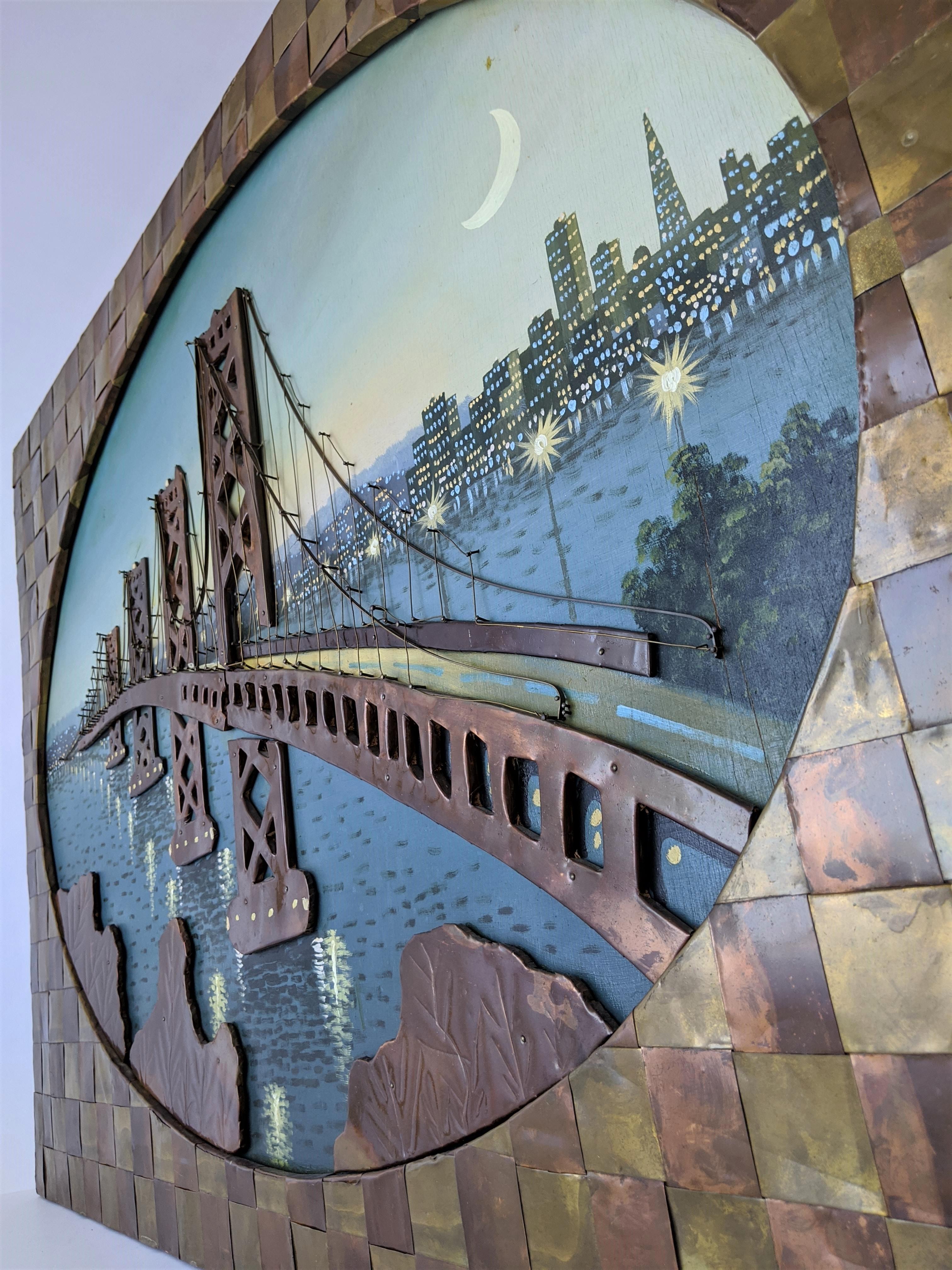 1960s Huge Brass and Copper Wall Art with a Painting of the Bay Bridge, USA For Sale 1