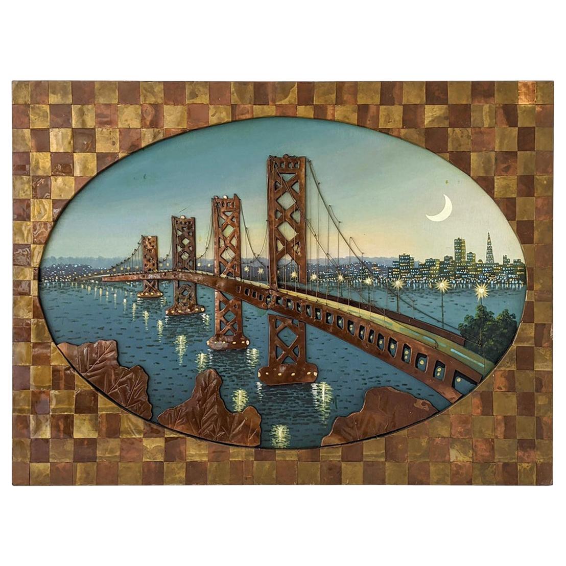 1960s Huge Brass and Copper Wall Art with a Painting of the Bay Bridge, USA For Sale