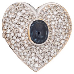 1960s Huge Heart Ring 2.50ct Pave Diamond Sapphire 18k Yellow Gold Sz 8
