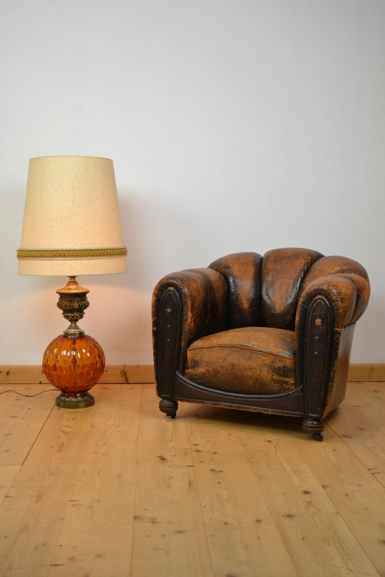 1960s Huge Table Lamp Or Floor Lamp With Amber Blown Art Glass