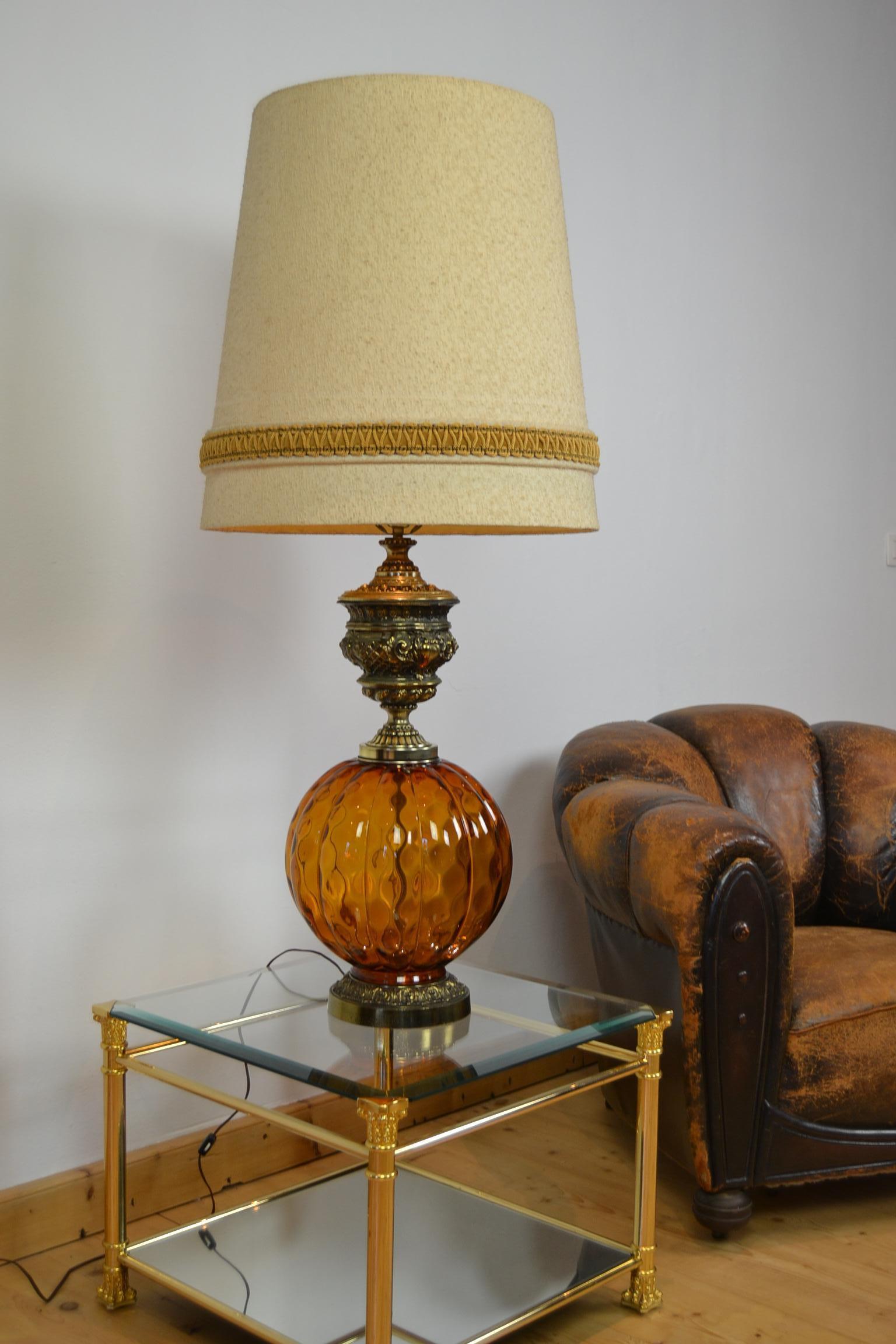 1960s Huge Table Lamp or Floor lamp with Amber Blown Art Glass, Bohemian Style In Good Condition In Antwerp, BE
