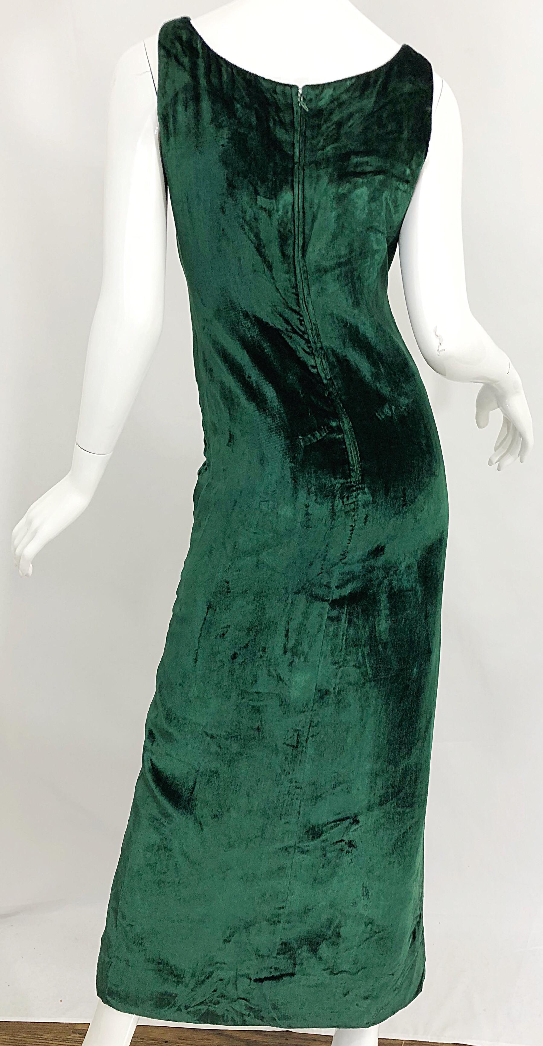1960s Hunter Forest Green Silk Velvet Rhinestone Vintage 60s Gown Maxi Dress For Sale 4