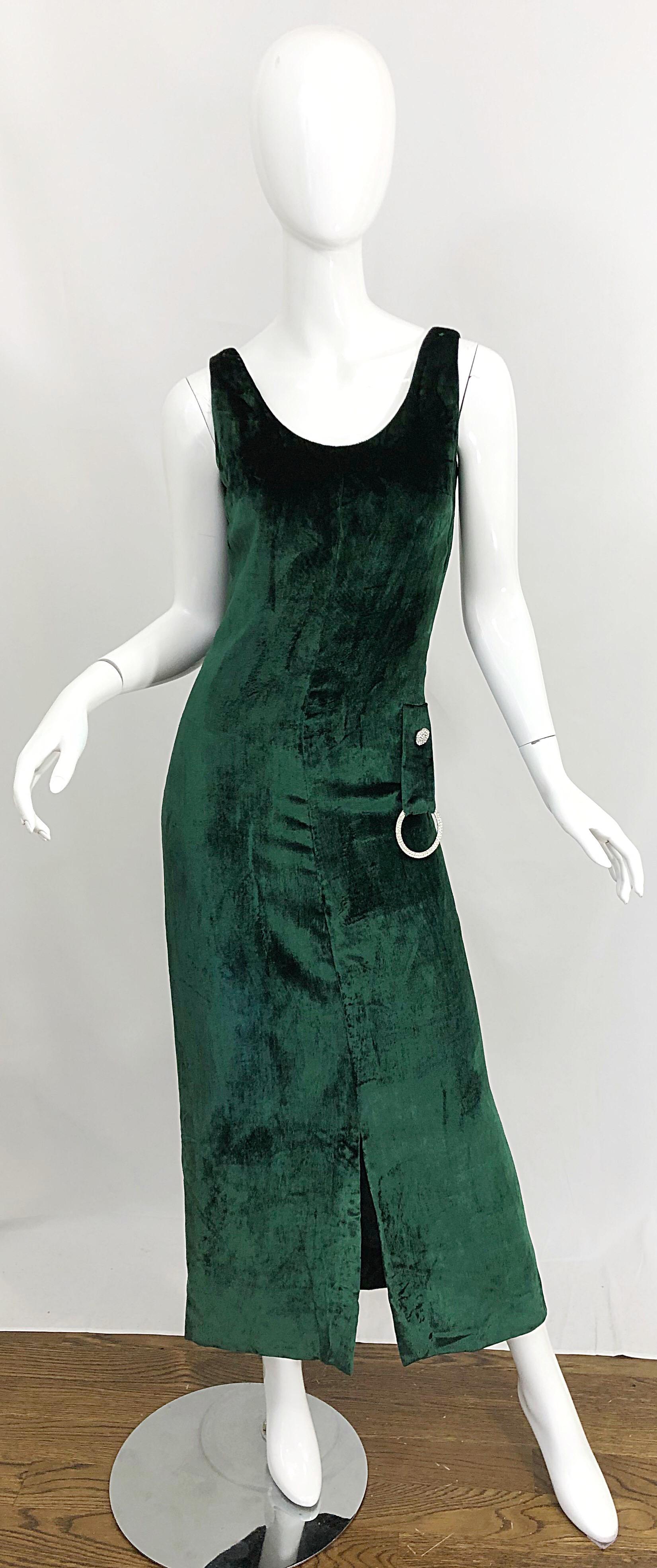 1960s Hunter Forest Green Silk Velvet Rhinestone Vintage 60s Gown Maxi Dress For Sale 5
