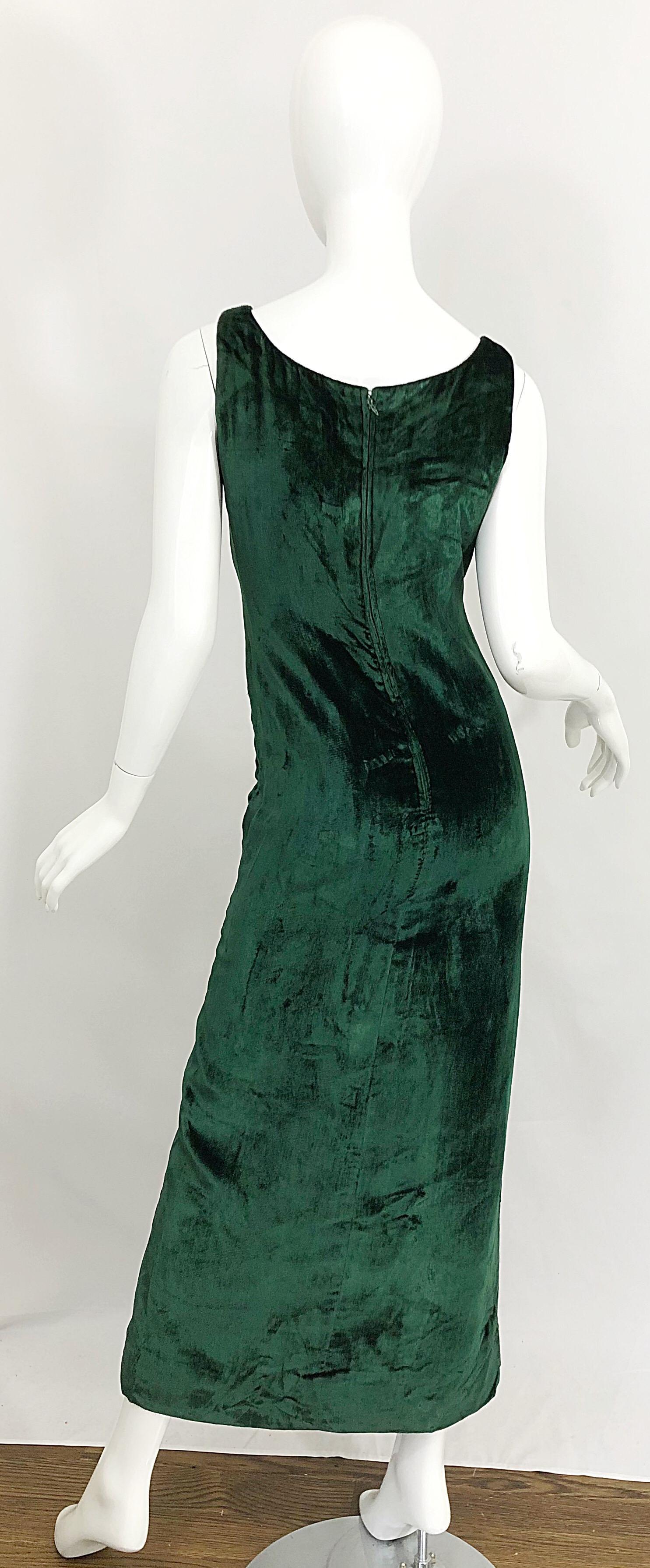 1960er Hunter Forest Grün Seide Samt Strass Vintage 60er Jahre Kleid Maxi Kleid Damen im Angebot