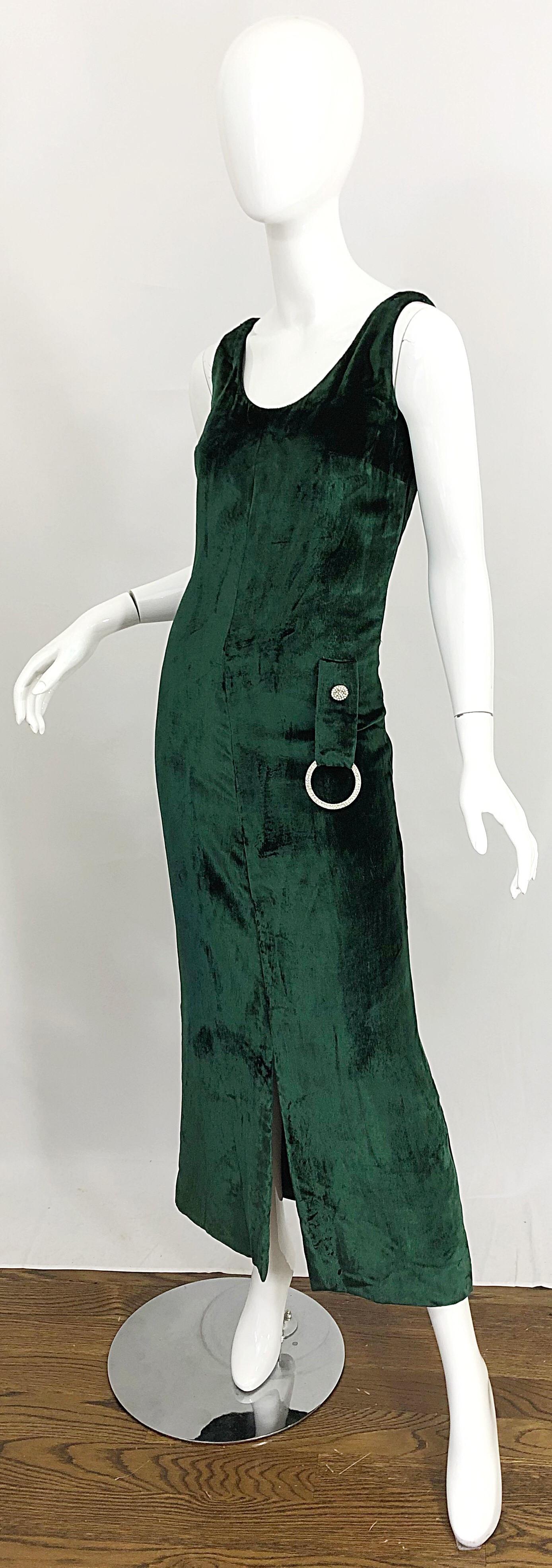 1960er Hunter Forest Grün Seide Samt Strass Vintage 60er Jahre Kleid Maxi Kleid im Angebot 1