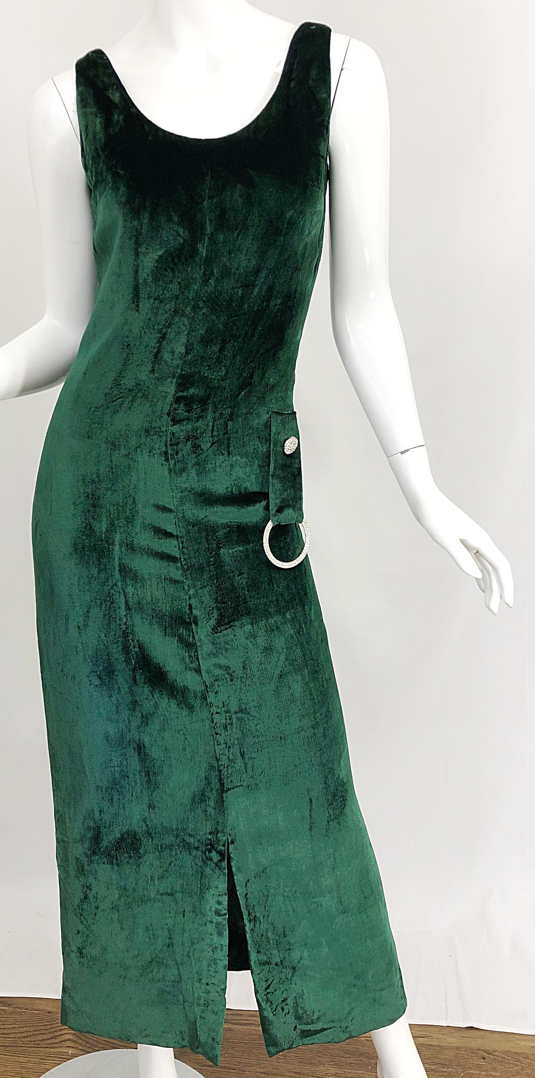 Women's 1960s Hunter Forest Green Silk Velvet Rhinestone Vintage 60s Gown Maxi Dress For Sale