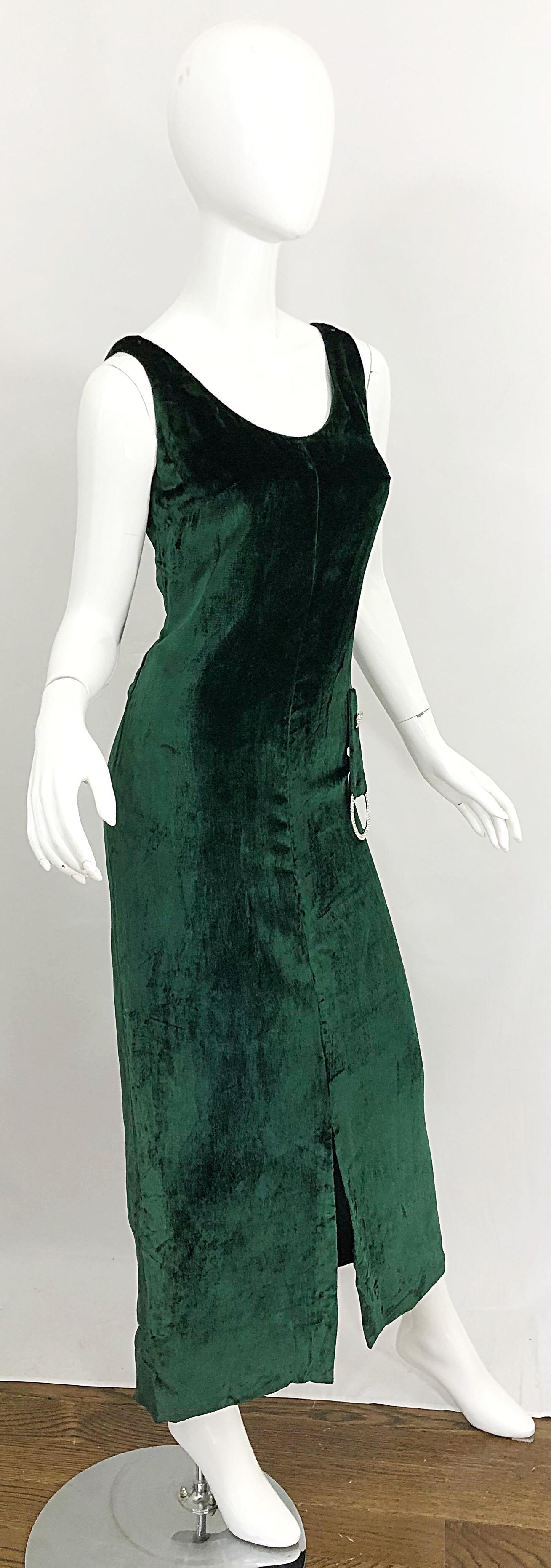 1960s Hunter Forest Green Silk Velvet Rhinestone Vintage 60s Gown Maxi Dress For Sale 1