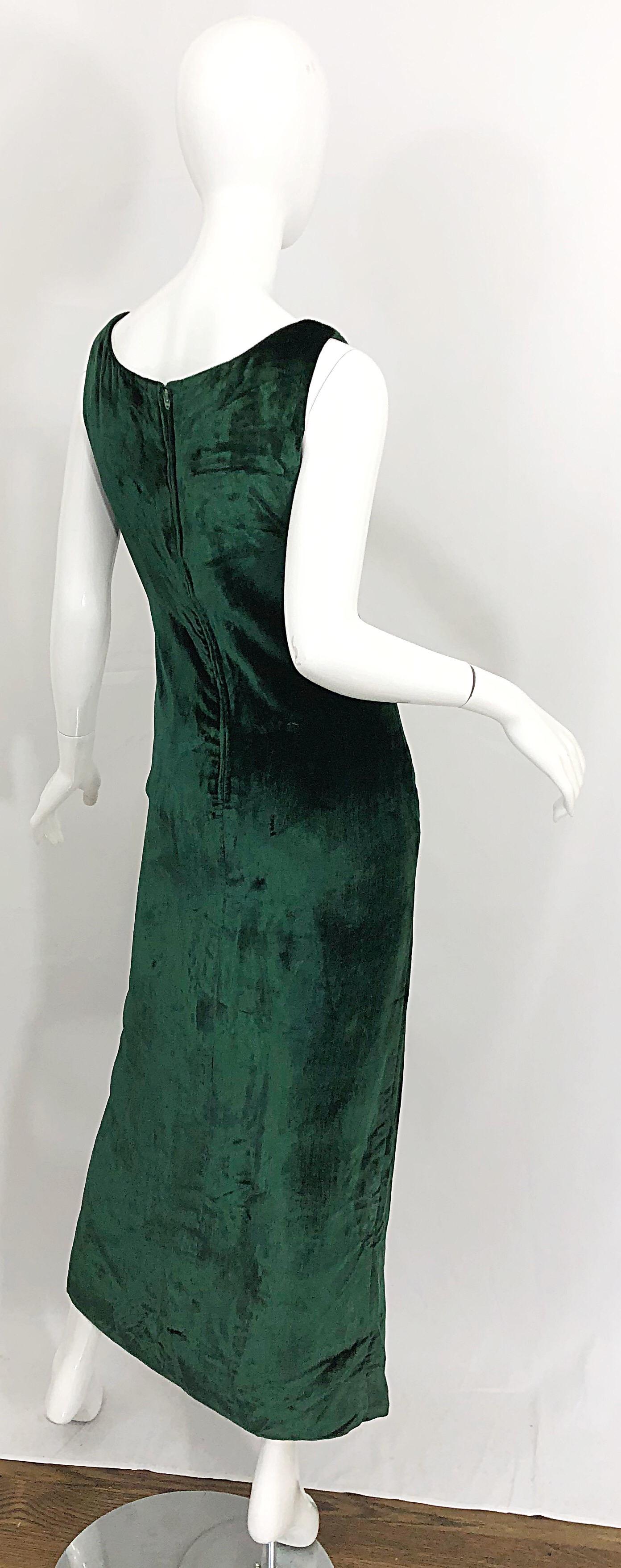 1960s Hunter Forest Green Silk Velvet Rhinestone Vintage 60s Gown Maxi Dress For Sale 2