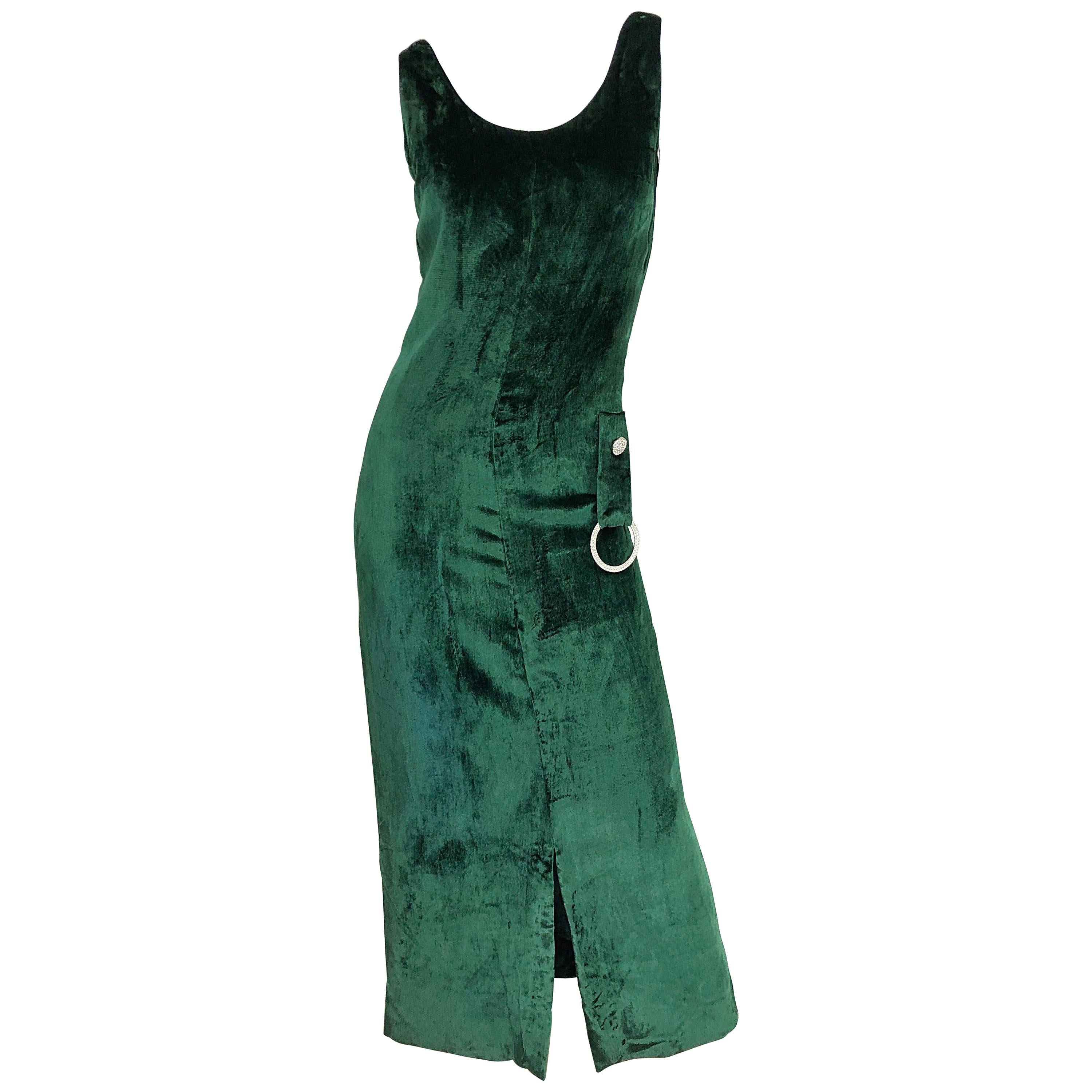 1960er Hunter Forest Grün Seide Samt Strass Vintage 60er Jahre Kleid Maxi Kleid im Angebot