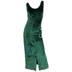 Robe longue vintage en velours de soie vert forêt de chasse avec strass, années 1960