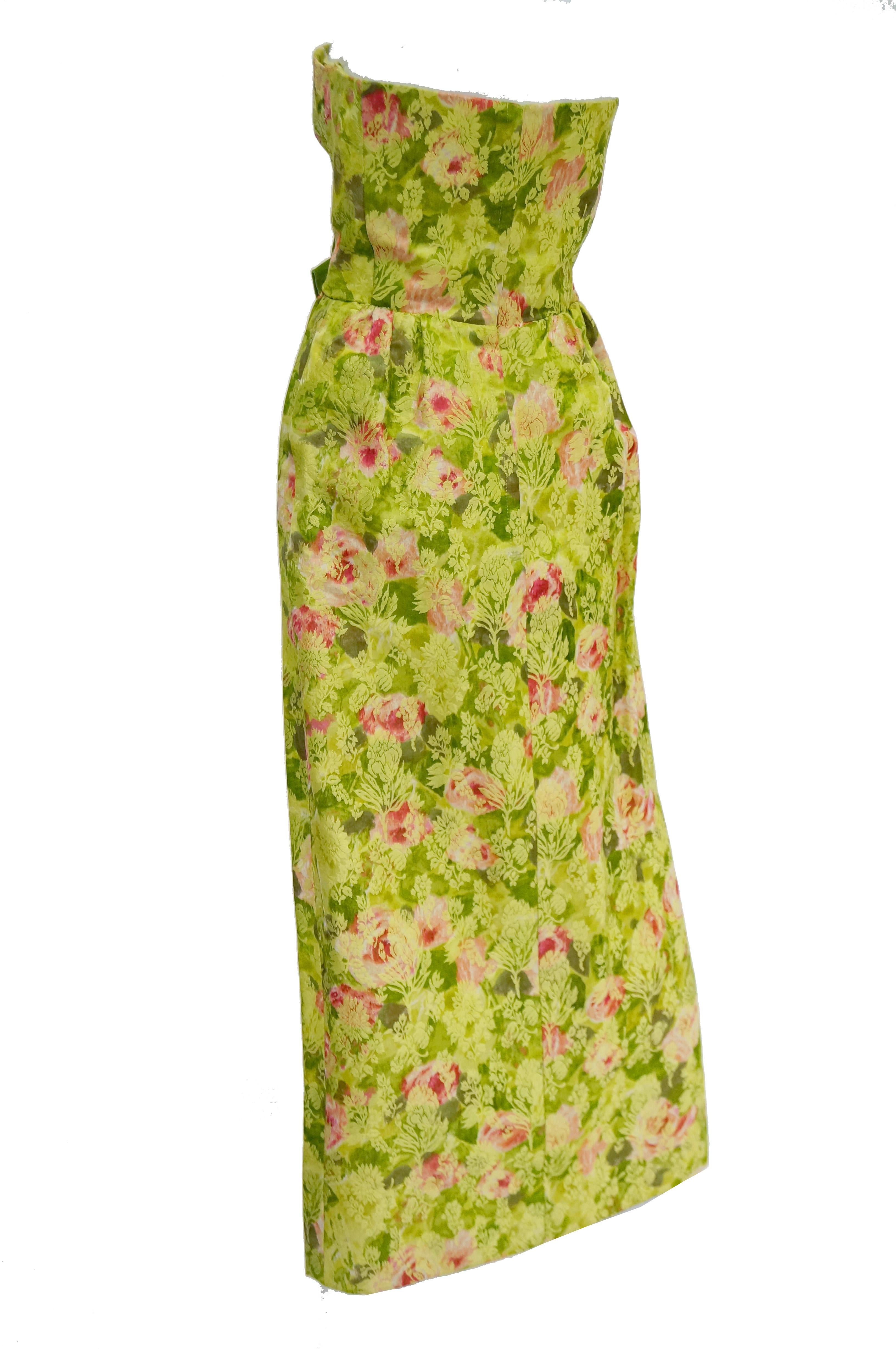 Brown 1960s I. Magnin Apple Green and Pink Floral Empire Waist Evening Dress 