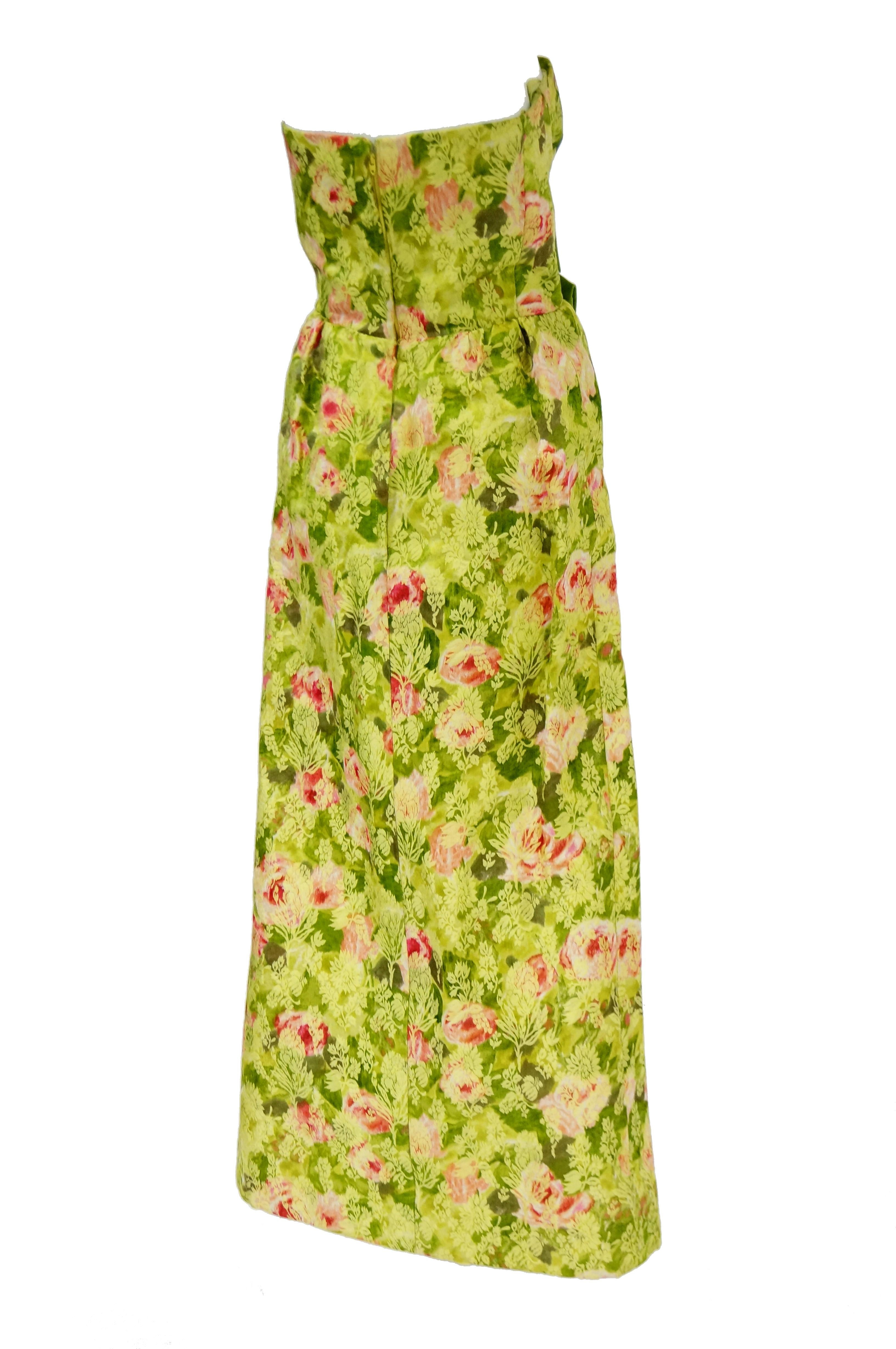 1960s I. Magnin Apple Green and Pink Floral Empire Waist Evening Dress  In Excellent Condition In Houston, TX
