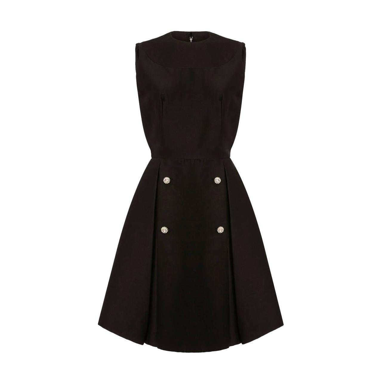 1960s I. Magnin Black Silk Dress With Diamante Buttons