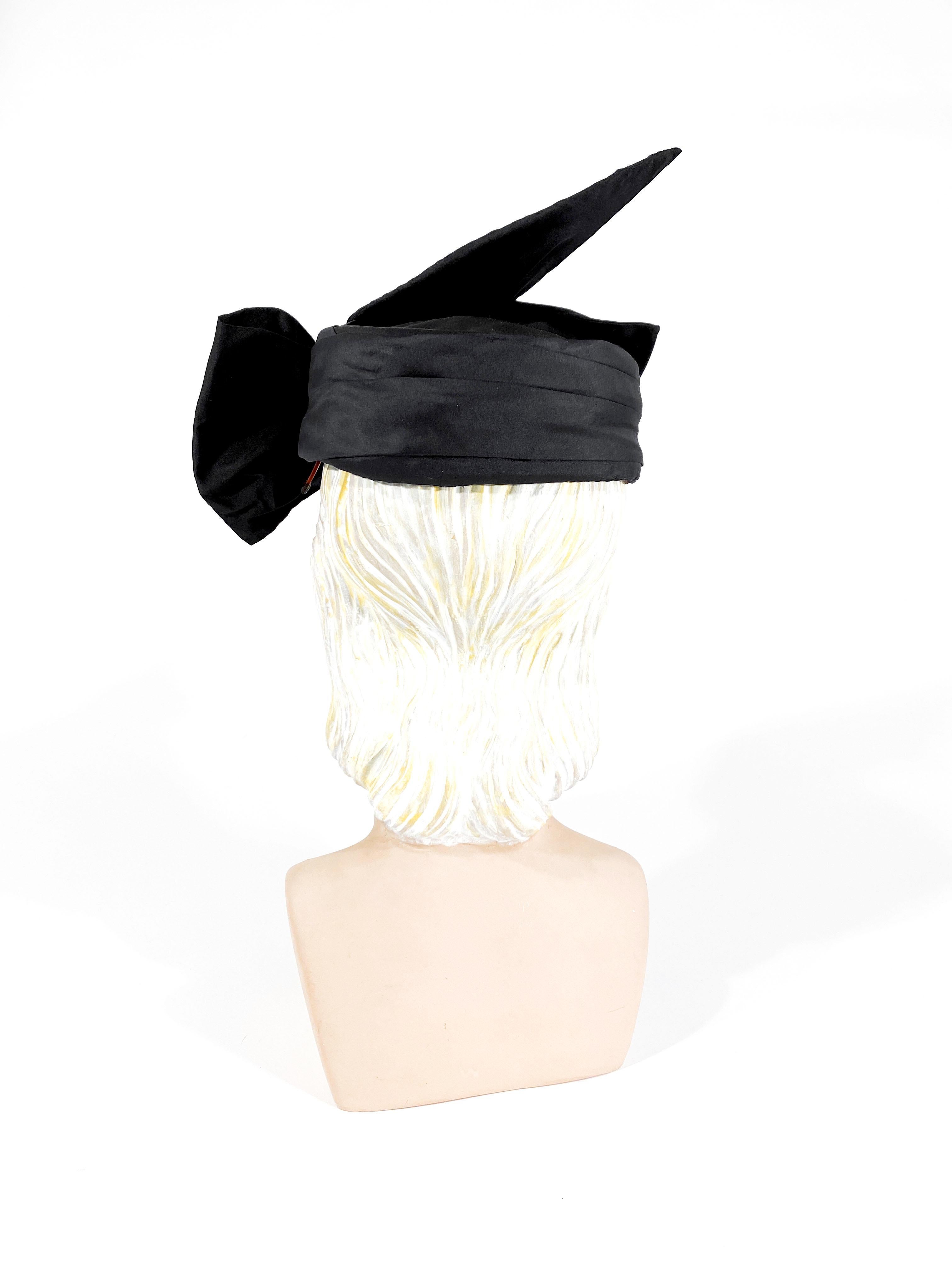 1960s I. Magnin Black Silk Fashion Pillbox Hat In Good Condition For Sale In San Francisco, CA