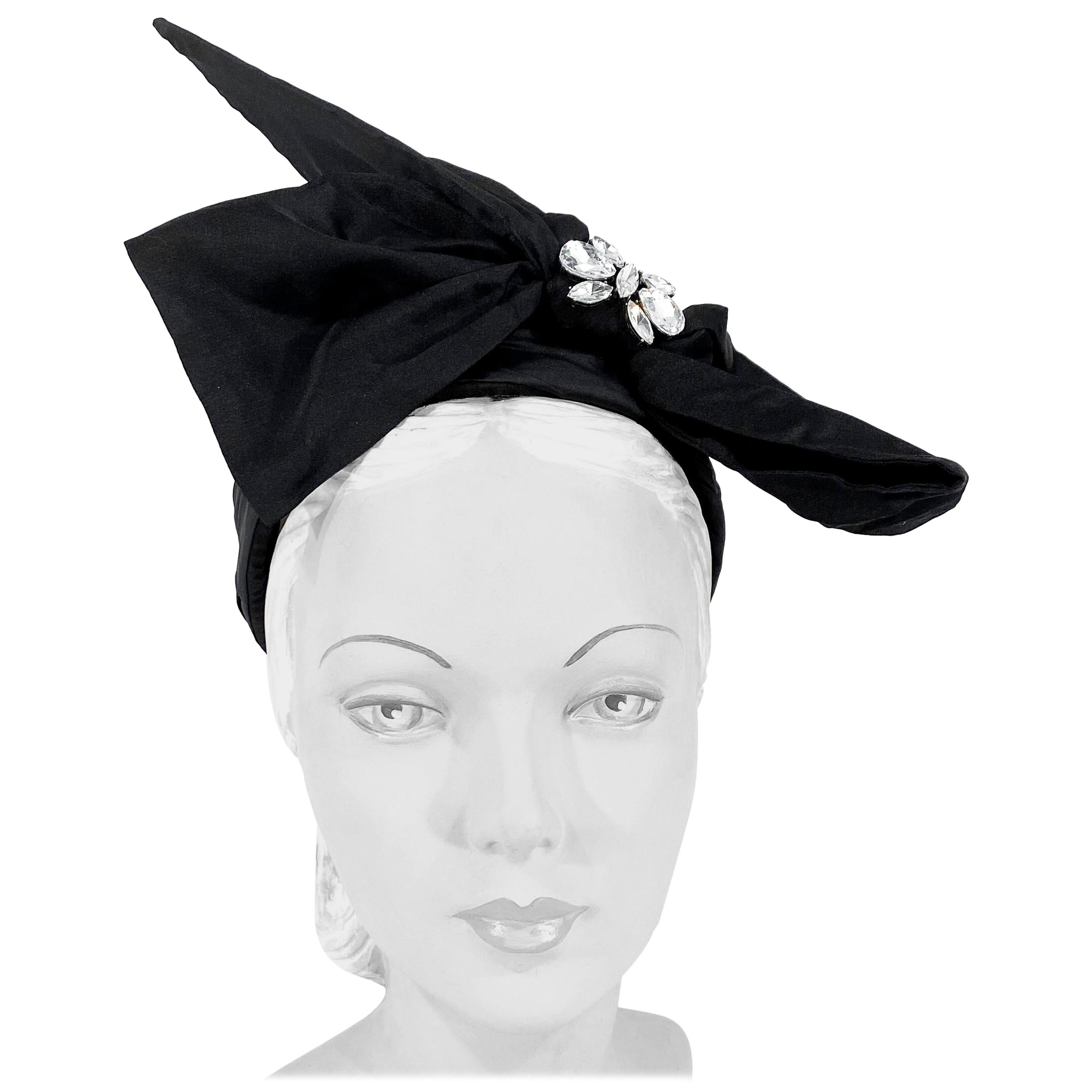 1960s I. Magnin Black Silk Fashion Pillbox Hat