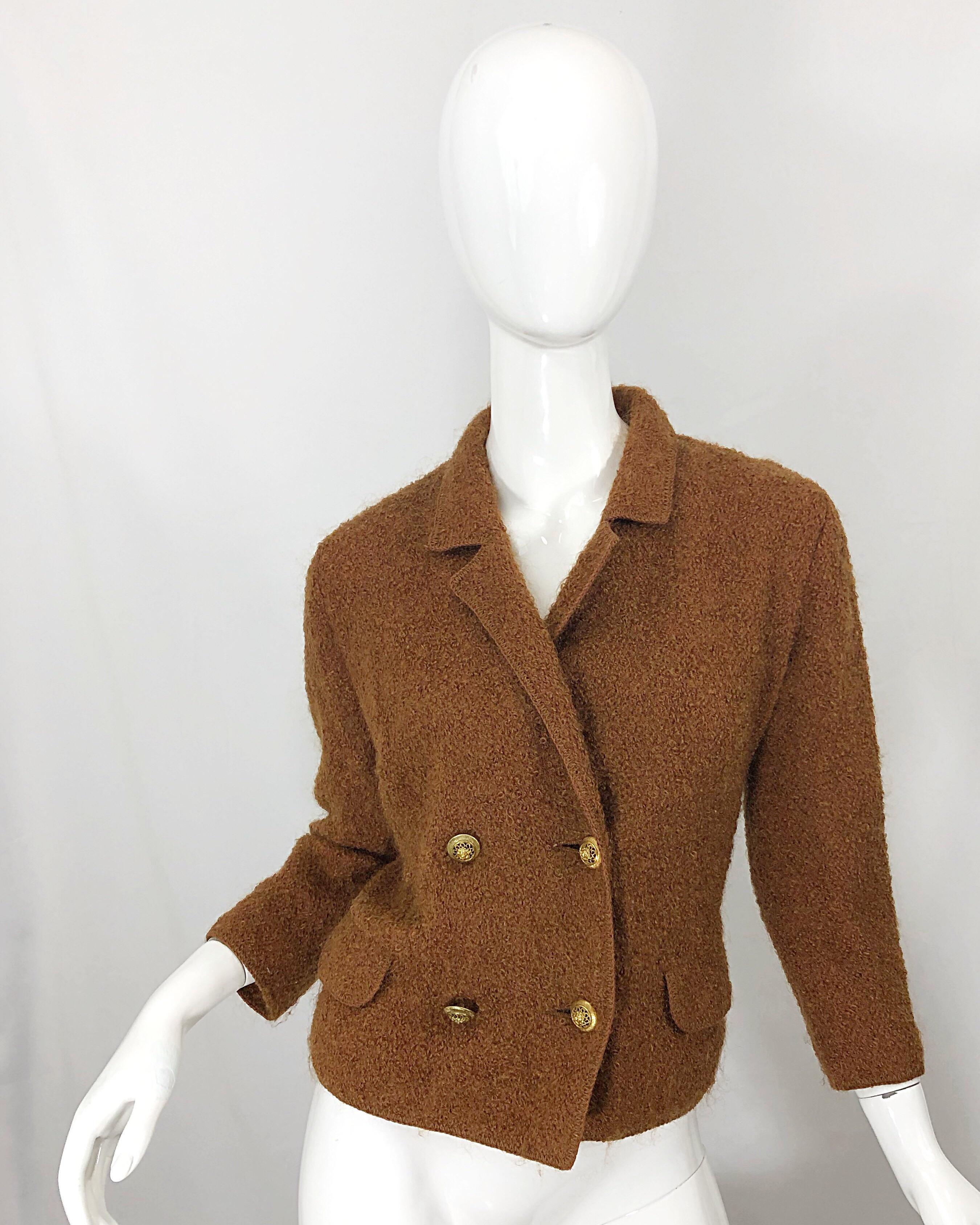 1960s I Magnin Couture Mohair Tobacco Rust Brown Vintage 60s Skirt + Blazer Suit For Sale 3