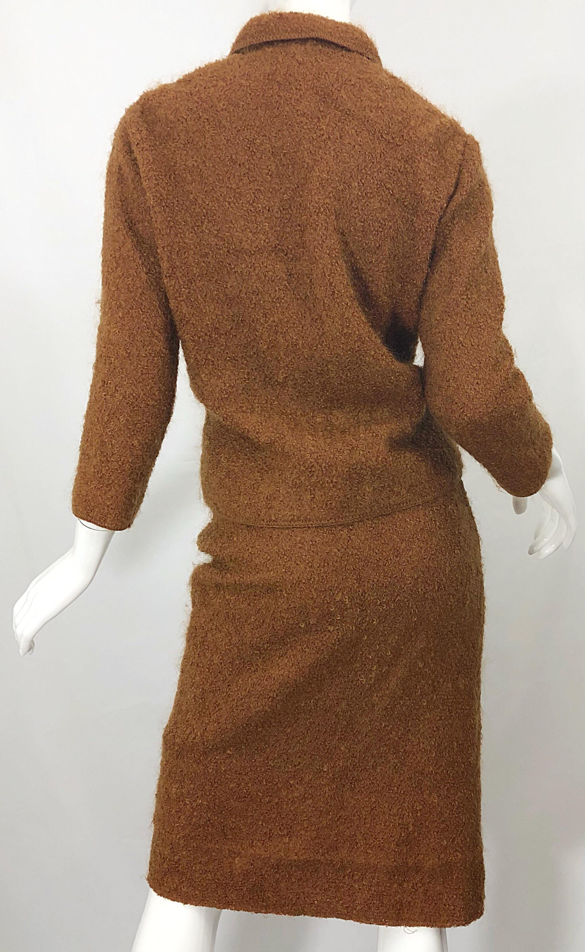 1960s I Magnin Couture Mohair Tobacco Rust Brown Vintage 60s Skirt + Blazer Suit For Sale 4