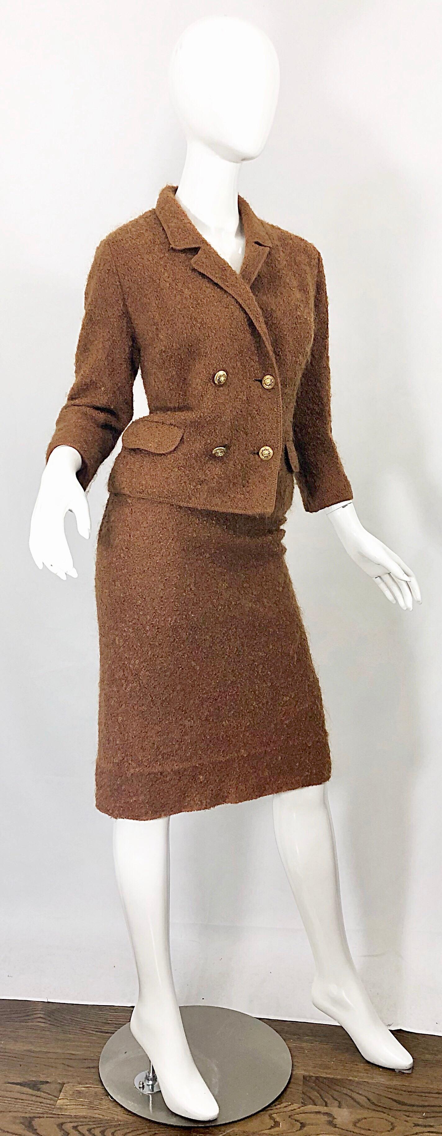 1960s I Magnin Couture Mohair Tobacco Rust Brown Vintage 60s Skirt + Blazer Suit For Sale 5