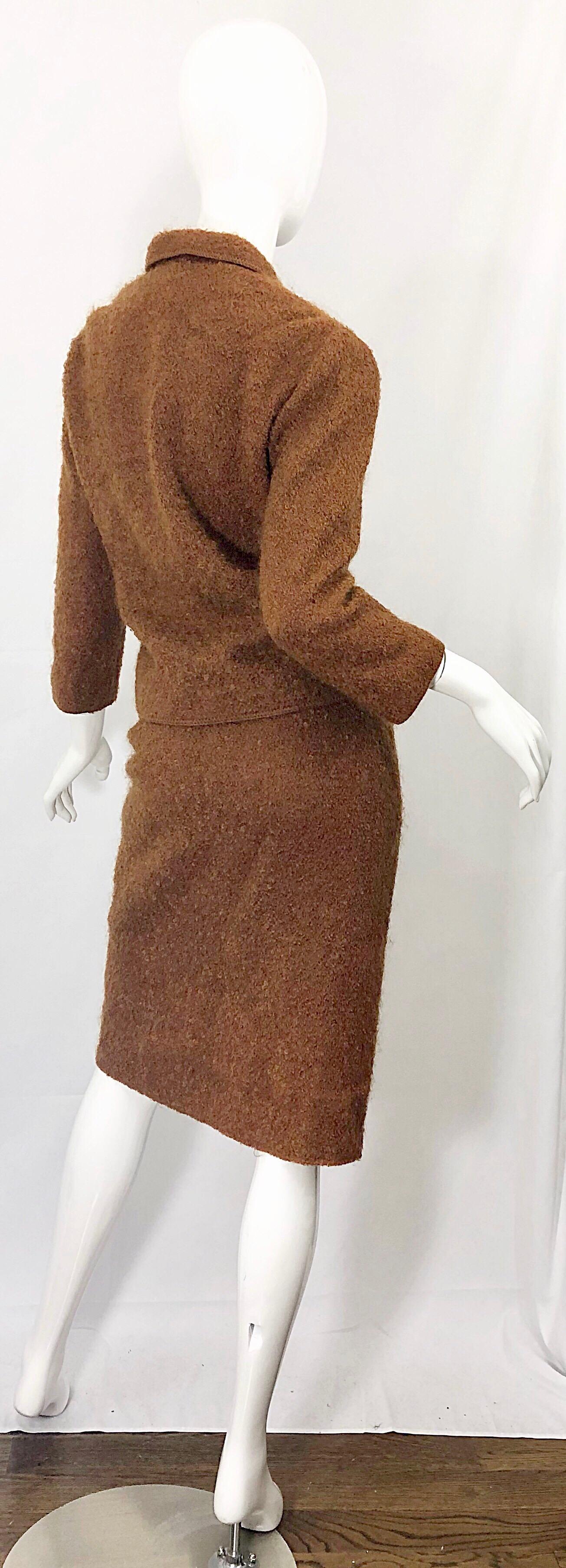 1960s I Magnin Couture Mohair Tobacco Rust Brown Vintage 60s Skirt + Blazer Suit For Sale 6