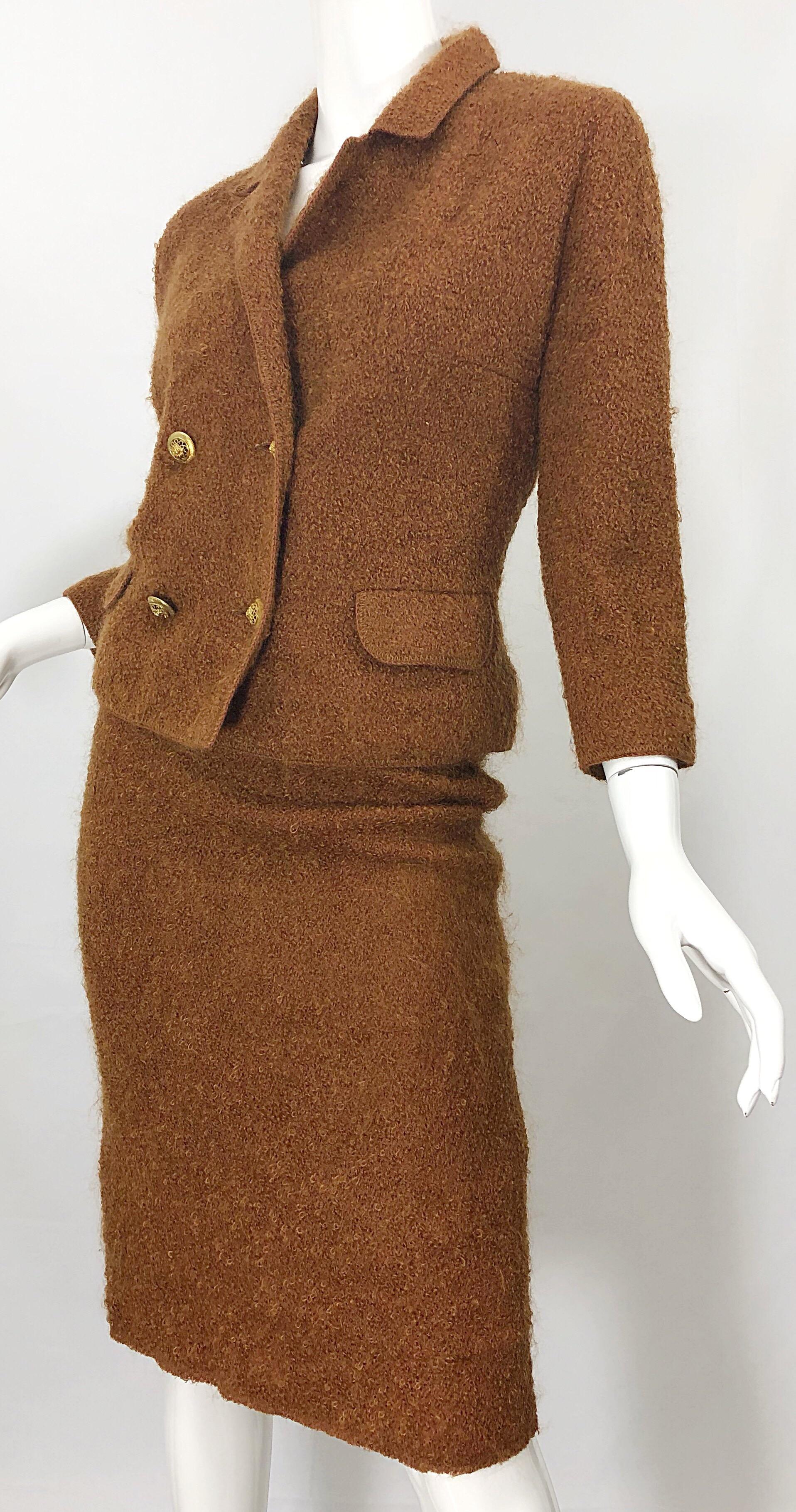 1960s I Magnin Couture Mohair Tobacco Rust Brown Vintage 60s Skirt + Blazer Suit For Sale 7