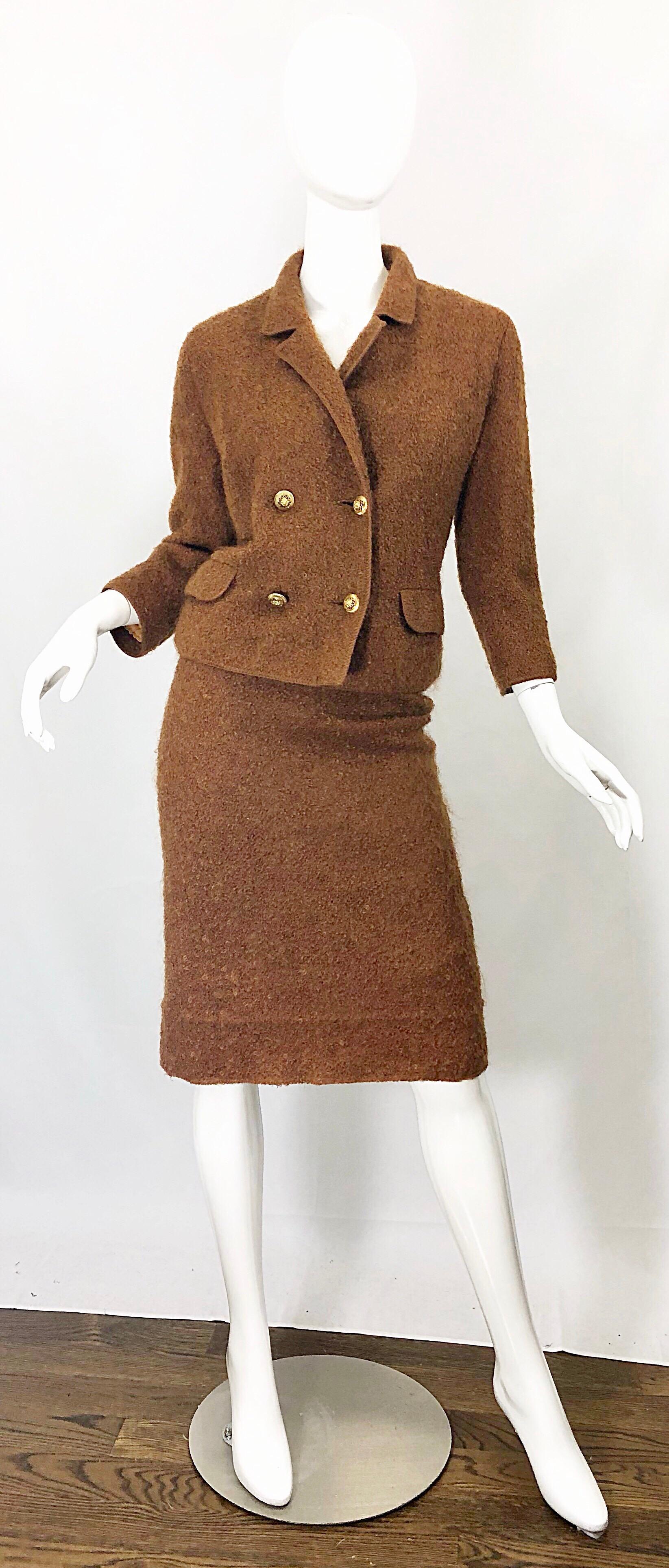 1960s I Magnin Couture Mohair Tobacco Rust Brown Vintage 60s Skirt + Blazer Suit For Sale 8