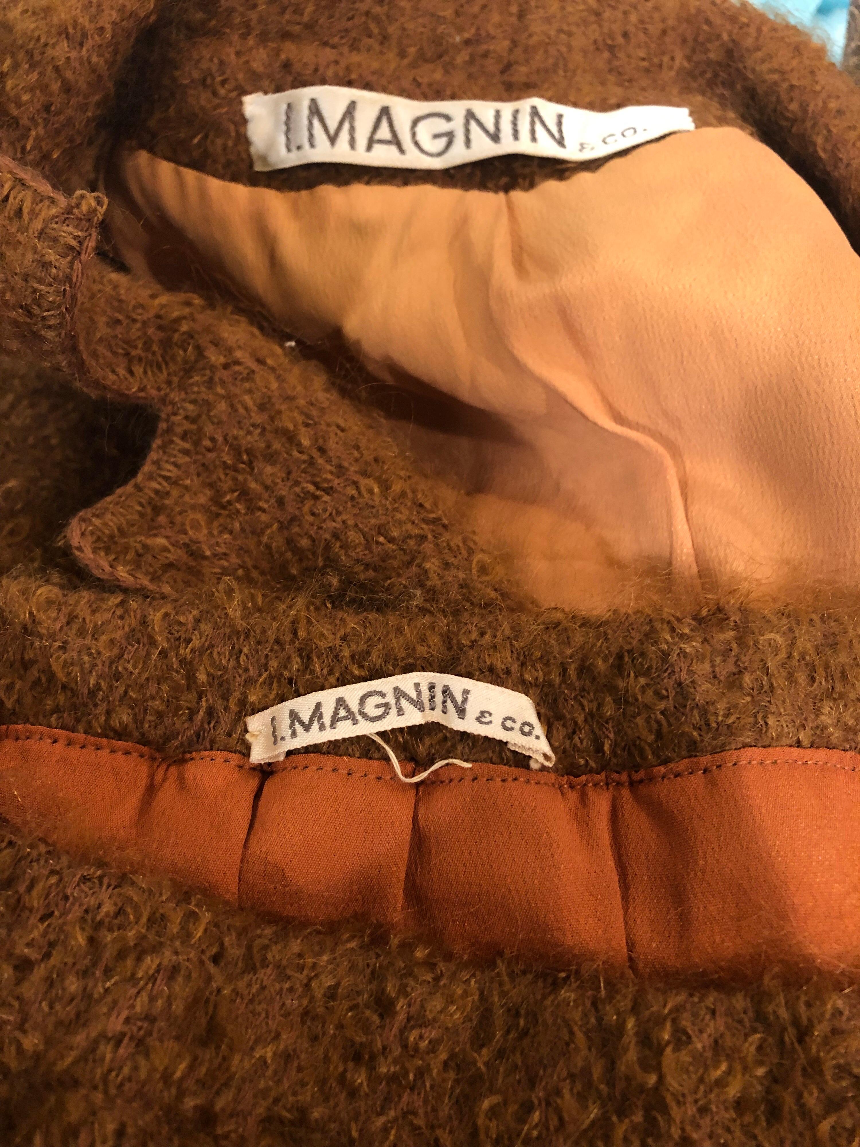 I Magnin Couture - Combinaison jupe et blazer en mohair marron rouille fumé, vintage, années 1960 en vente 11
