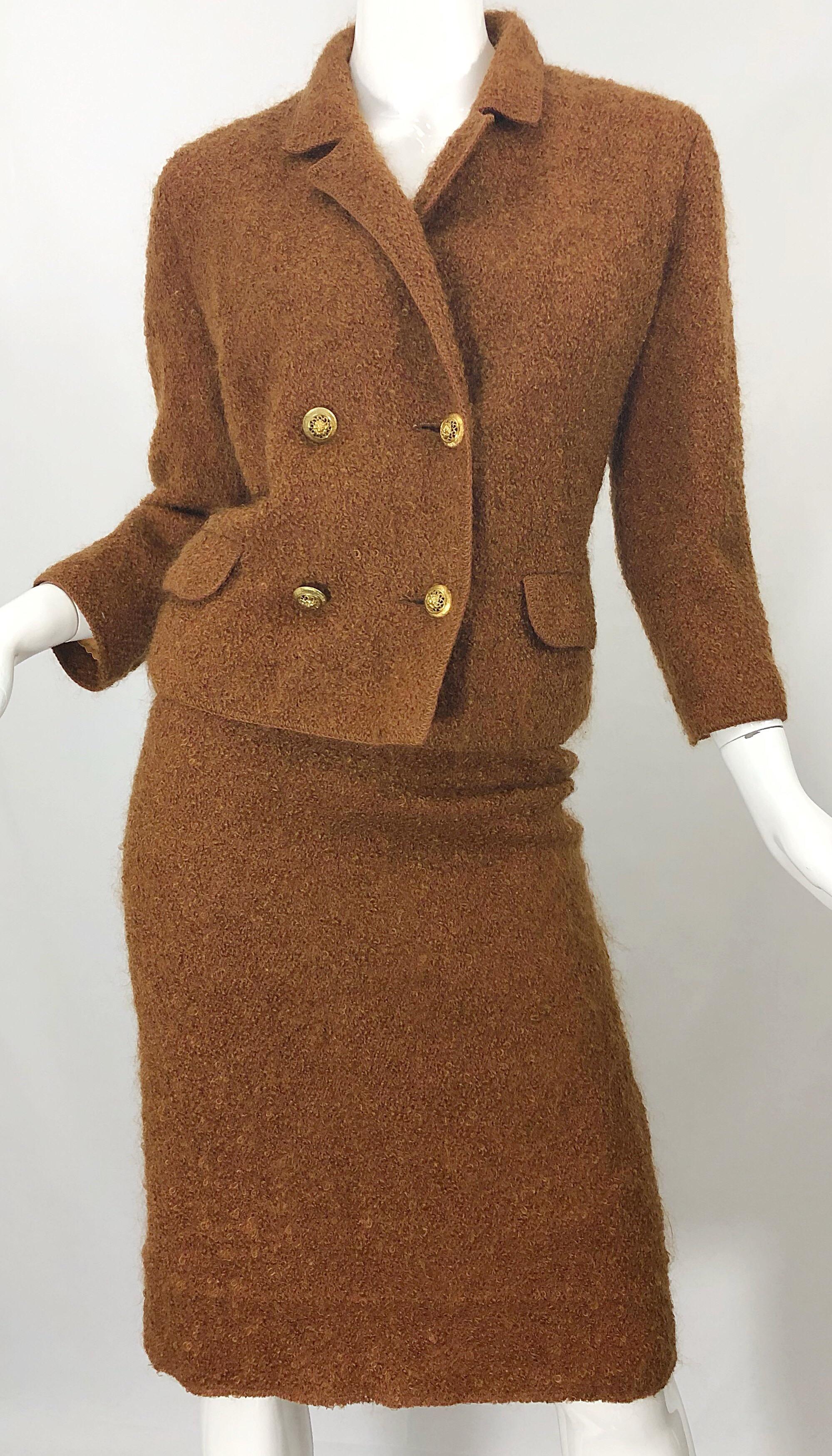Marron I Magnin Couture - Combinaison jupe et blazer en mohair marron rouille fumé, vintage, années 1960 en vente