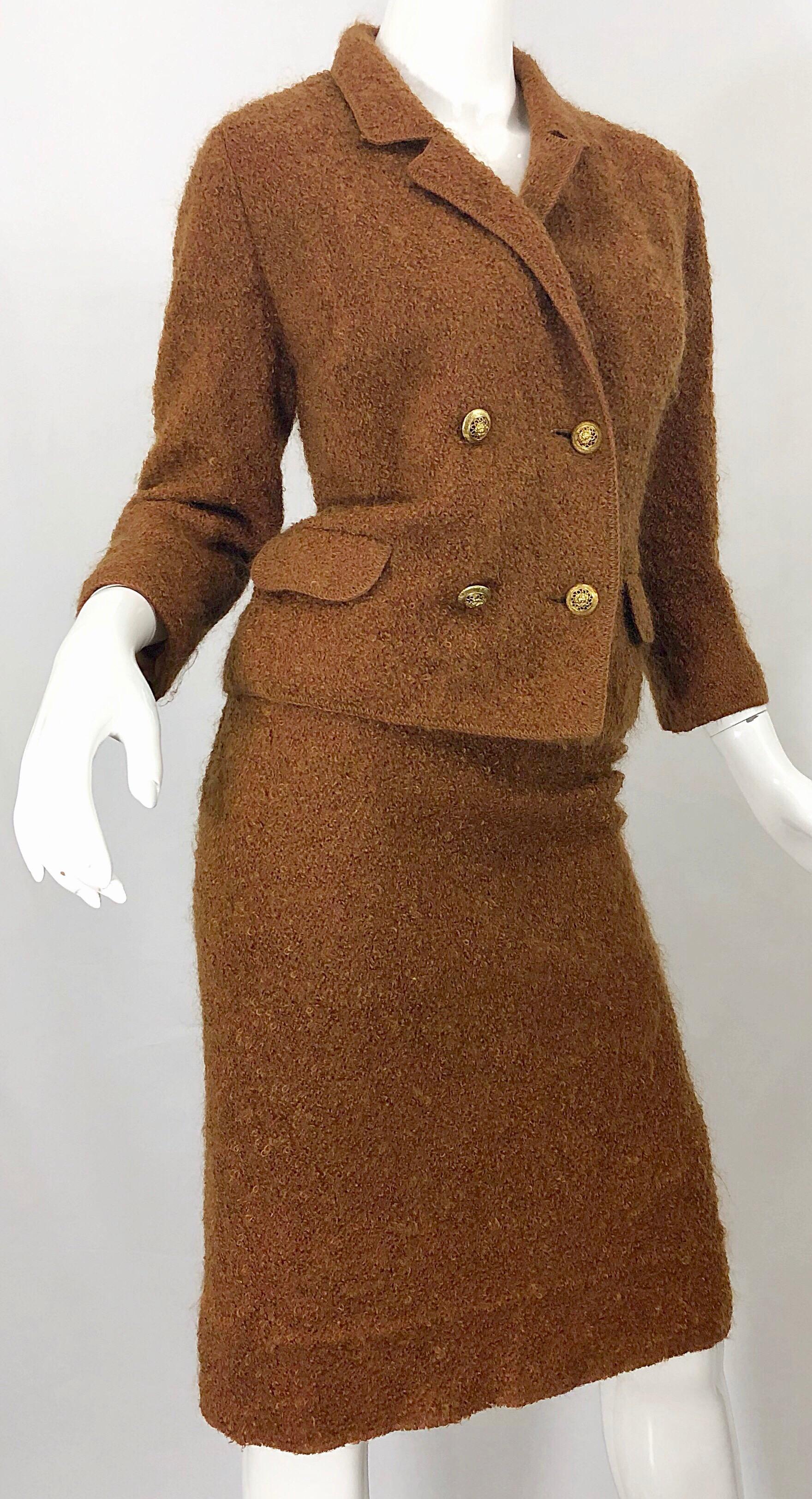 1960s I Magnin Couture Mohair Tobacco Rust Brown Vintage 60s Skirt + Blazer Suit In Excellent Condition For Sale In San Diego, CA