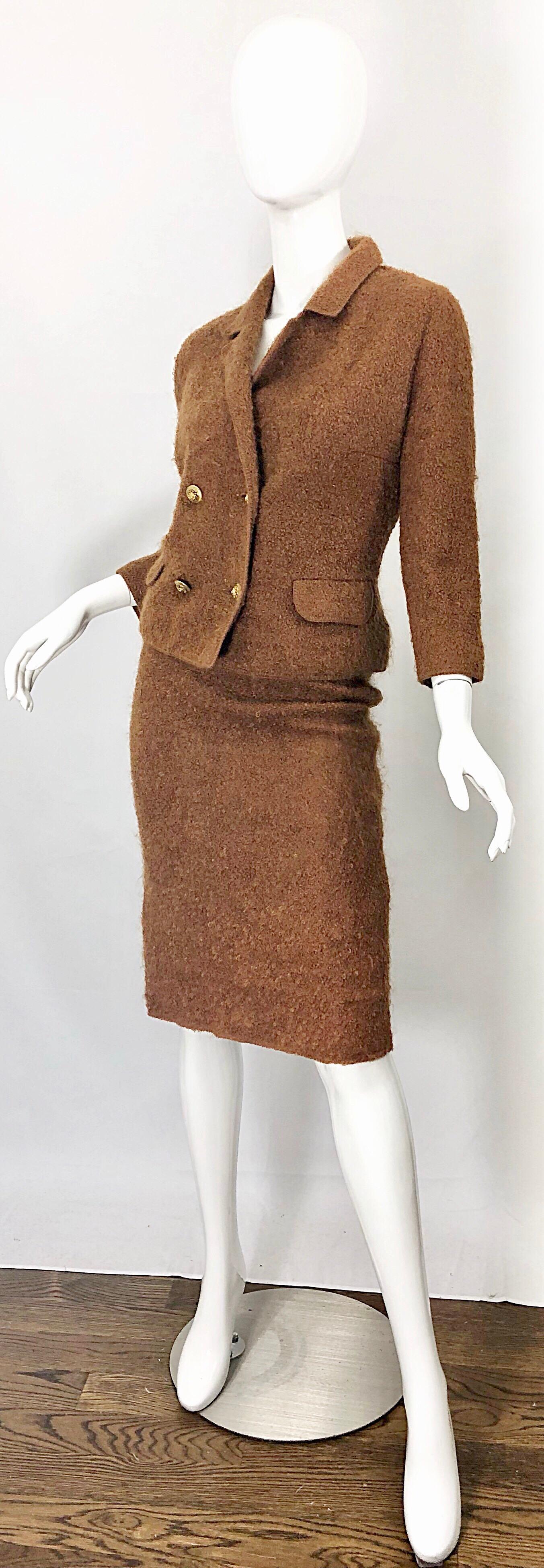Women's 1960s I Magnin Couture Mohair Tobacco Rust Brown Vintage 60s Skirt + Blazer Suit For Sale