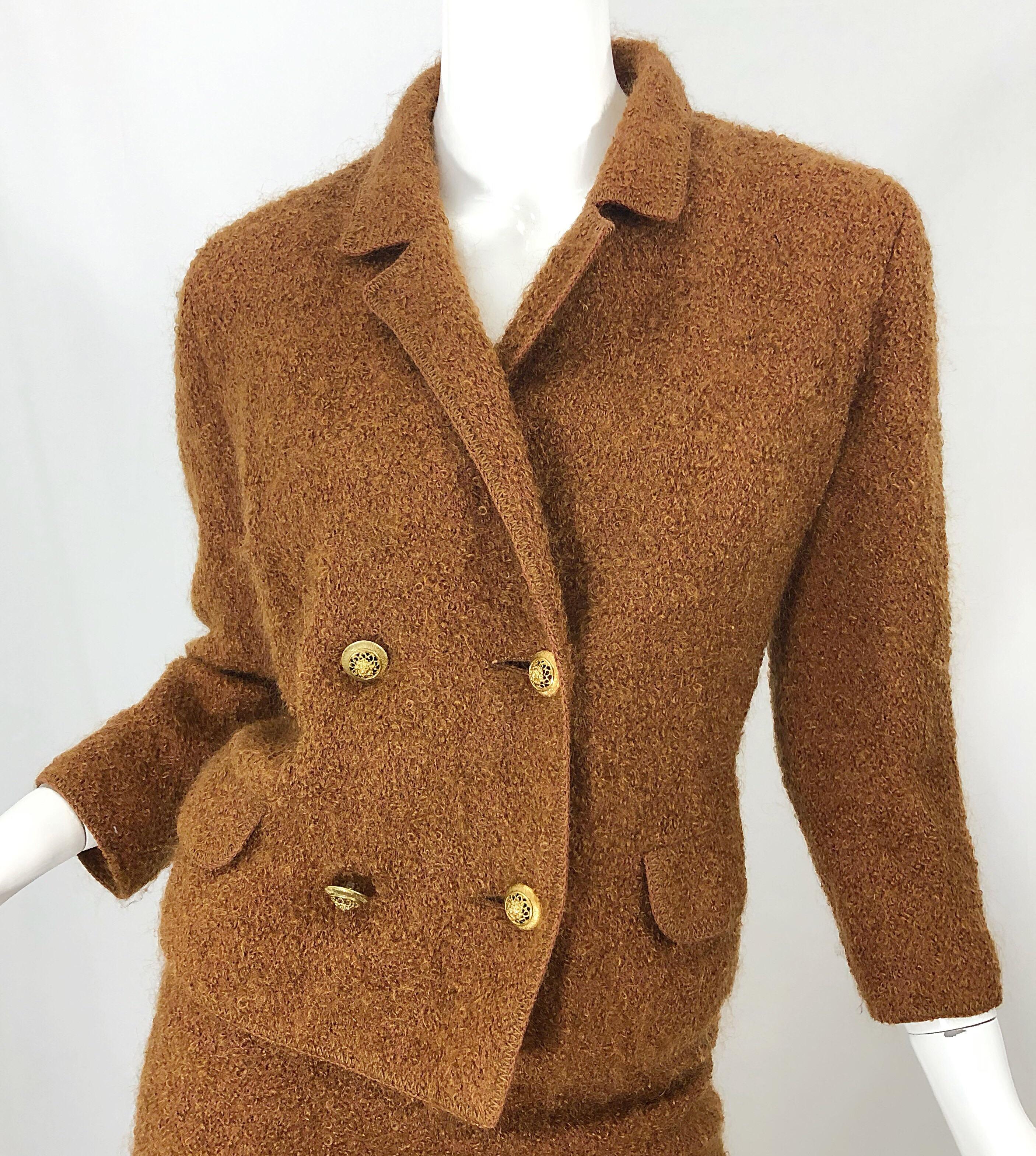 1960s I Magnin Couture Mohair Tobacco Rust Brown Vintage 60s Skirt + Blazer Suit For Sale 1