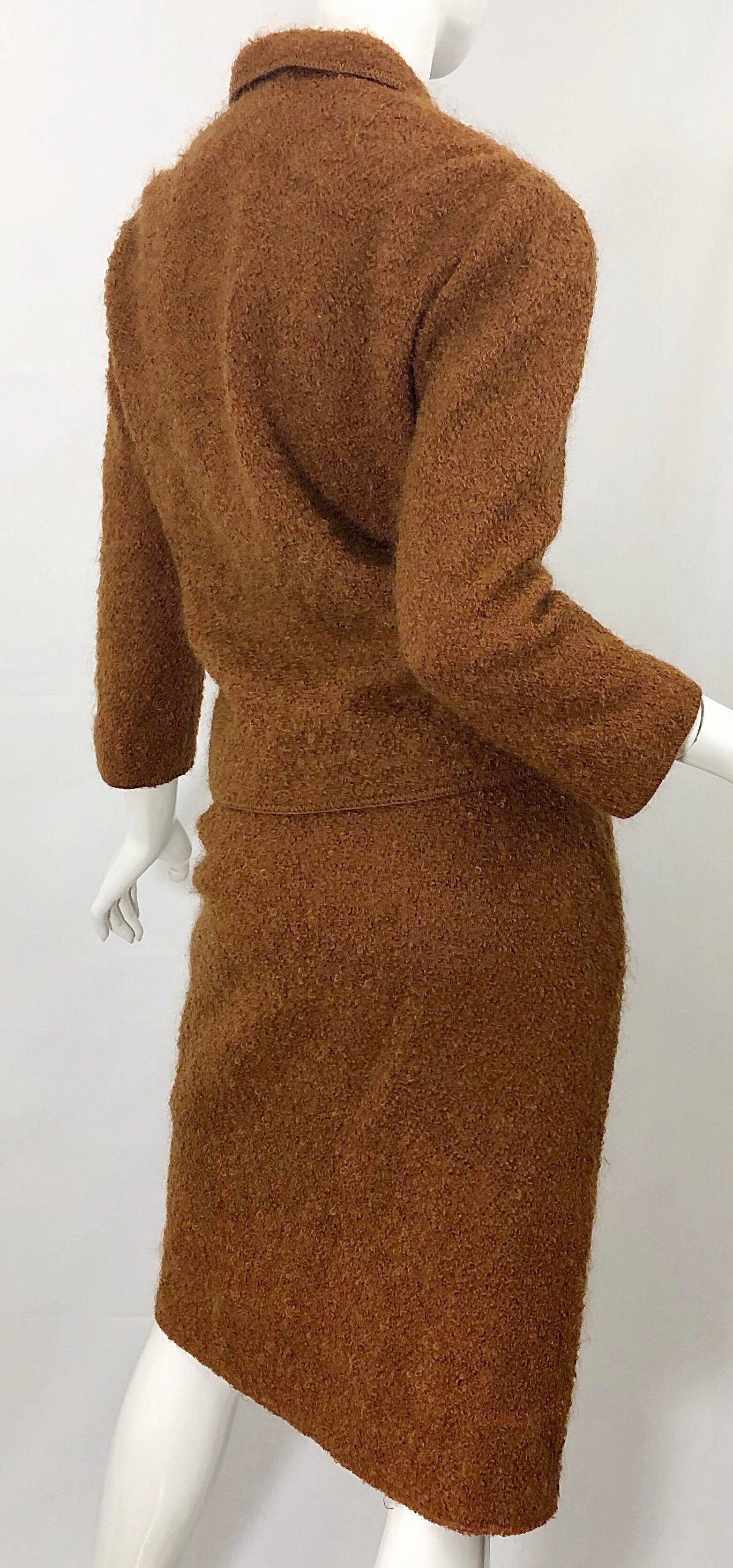 1960s I Magnin Couture Mohair Tobacco Rust Brown Vintage 60s Skirt + Blazer Suit For Sale 2