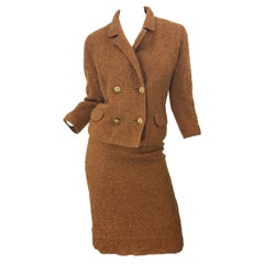 1960s I Magnin Couture Mohair Tobacco Rust Brown Retro 60s Skirt + Blazer Suit