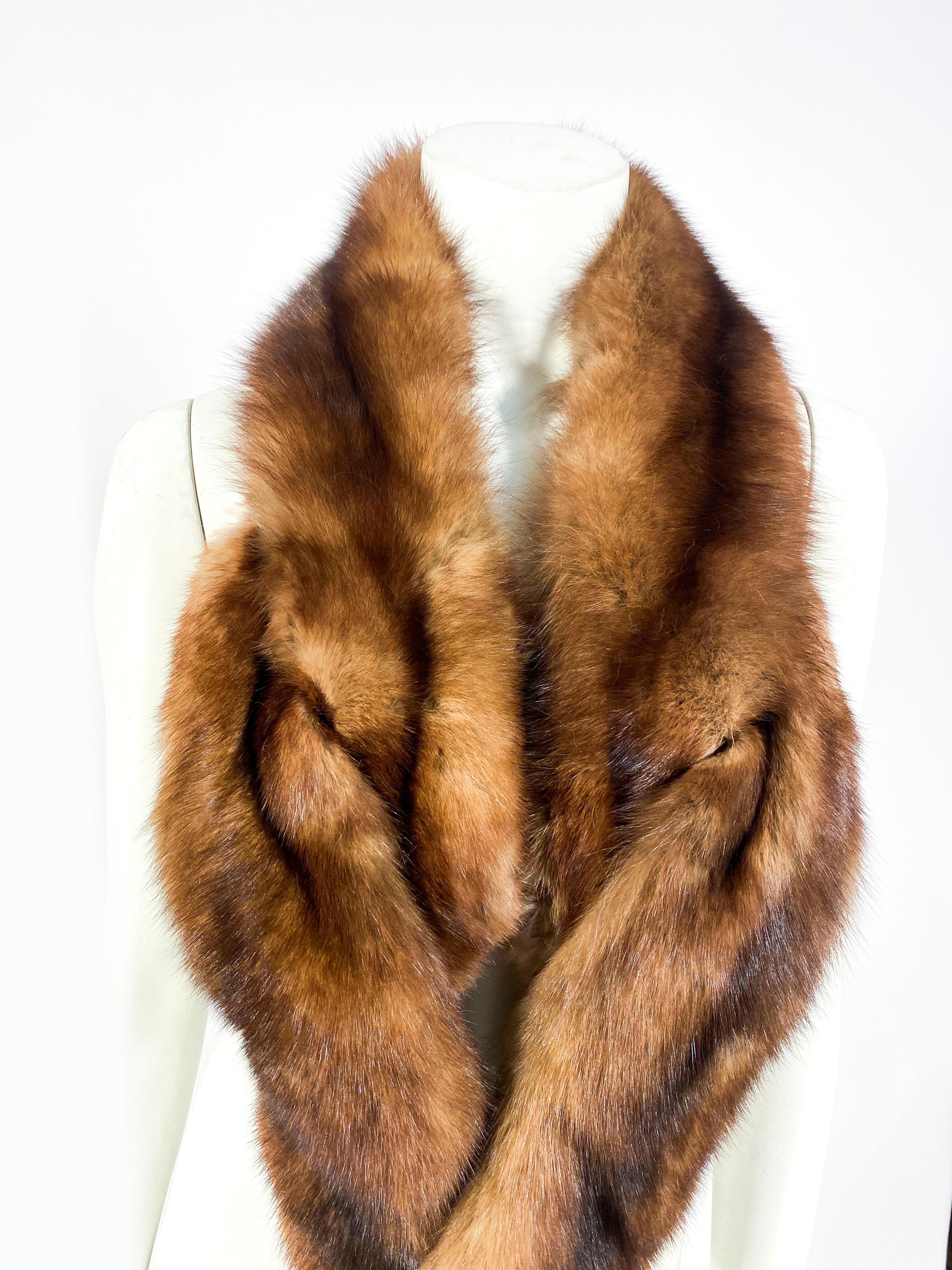 1960s brown sable collar with interwoven sable, a velvet lining, and traditional fur clips and hooks.