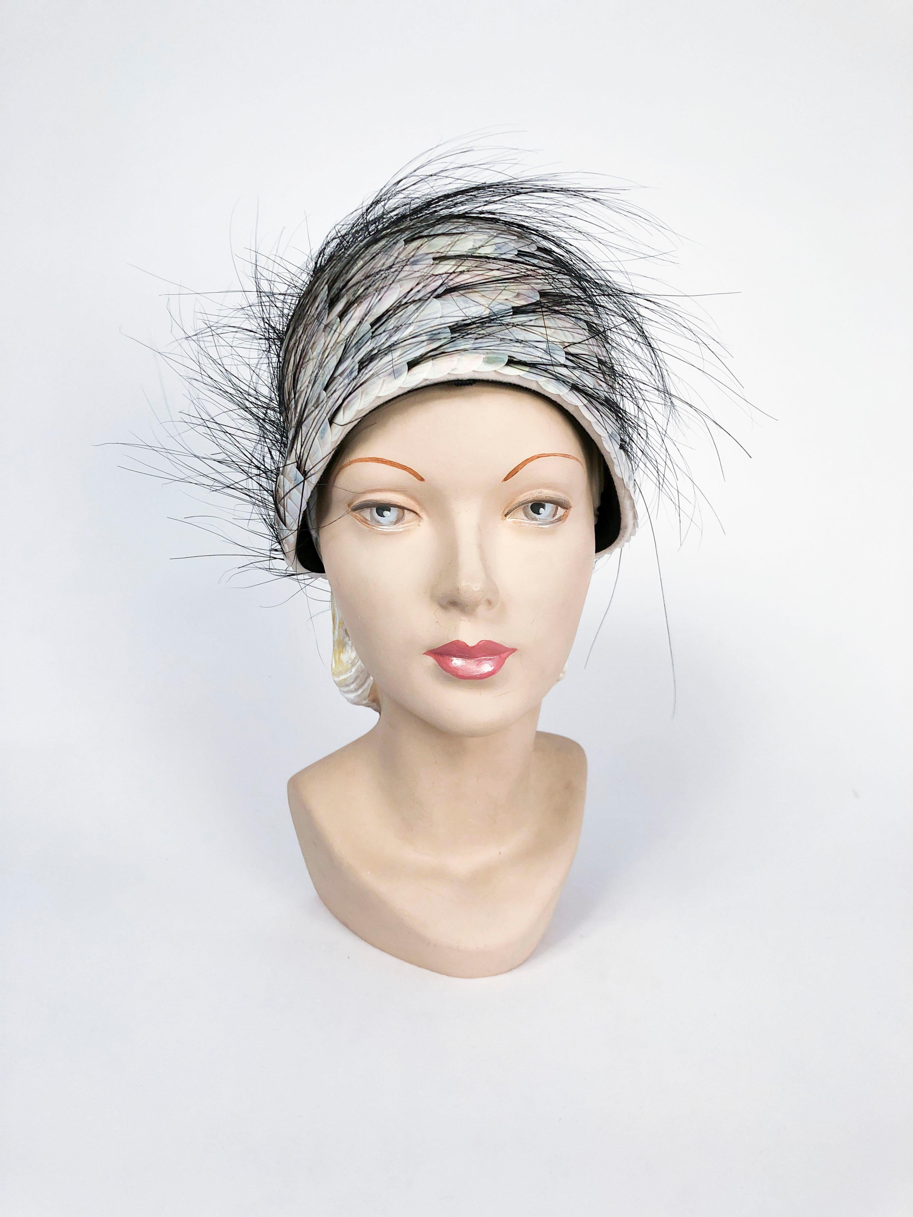 1960's I. Magnin Turban With Iridescent Sequin and Horsehair. 