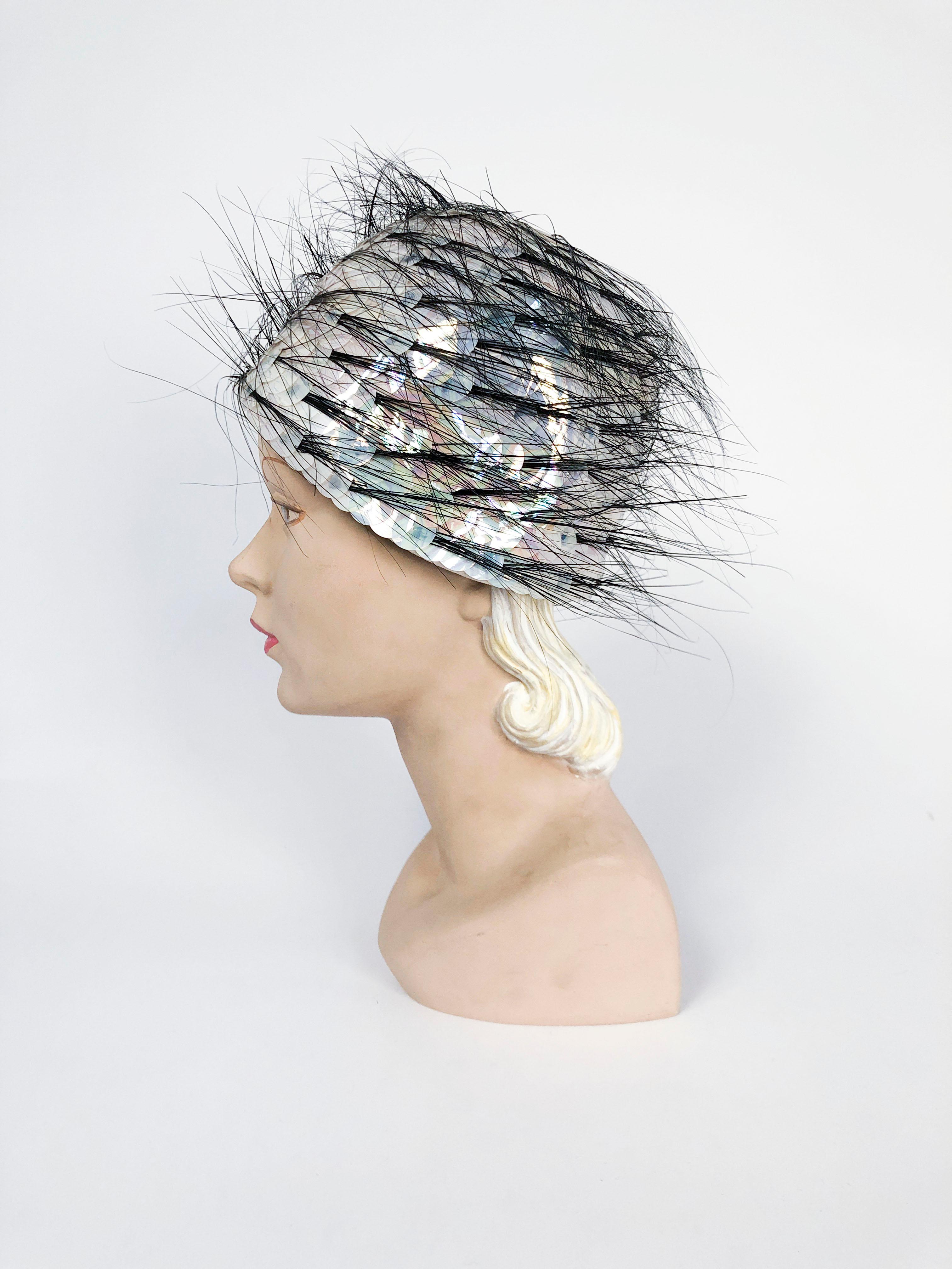 Gray 1960's I. Magnin Turban With Iridescent Sequin and Horsehair