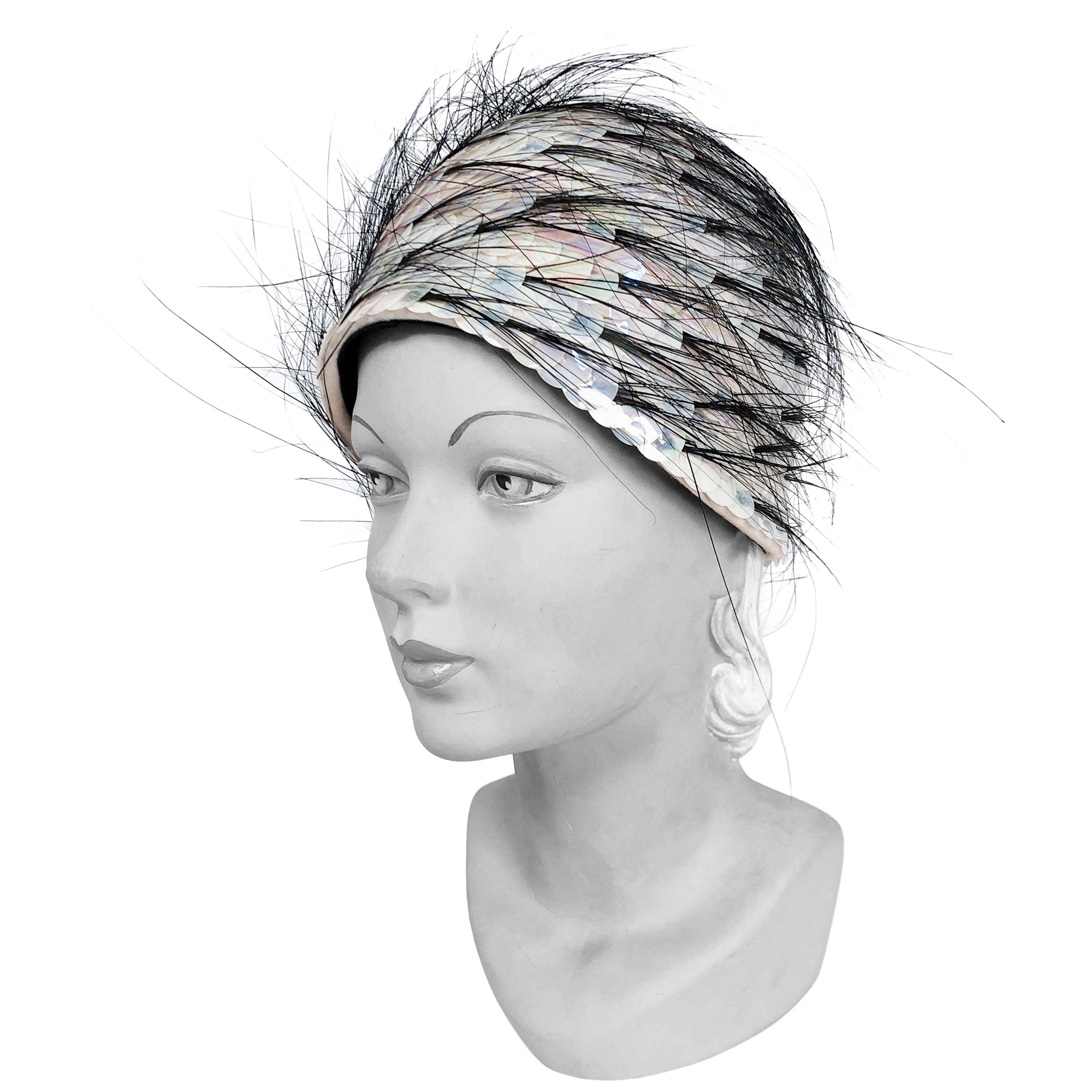 1960's I. Magnin Turban With Iridescent Sequin and Horsehair