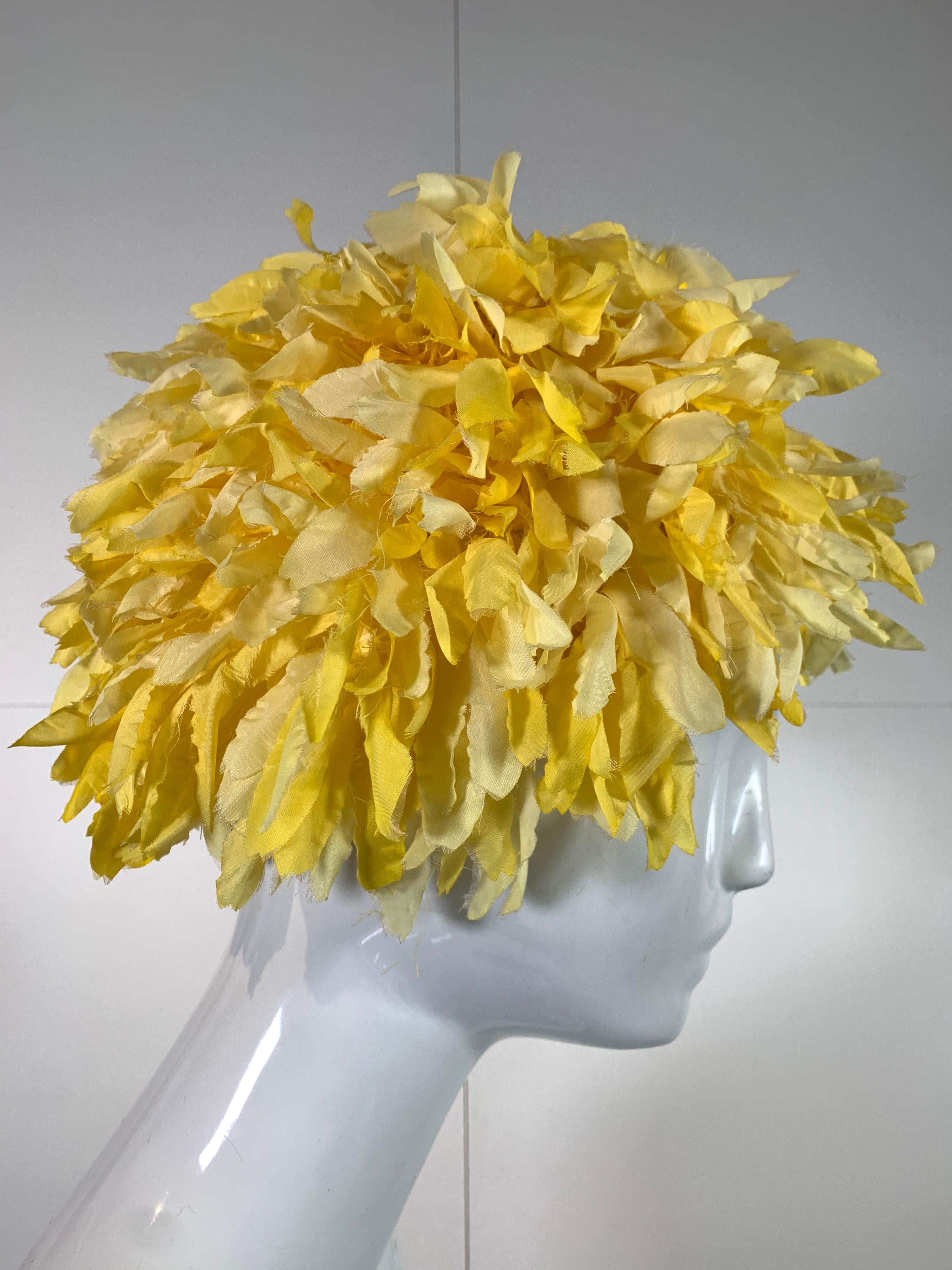 1960s I. Magnin yellow and white silk floral petal millinery hat / turban. Size Medium. 