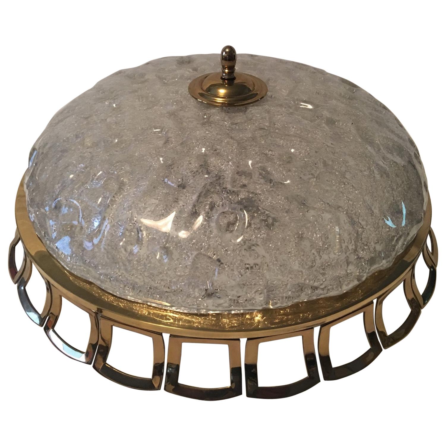 1960s Ice Glass and Open Brass Surround Art Deco Flush Mount Lamp