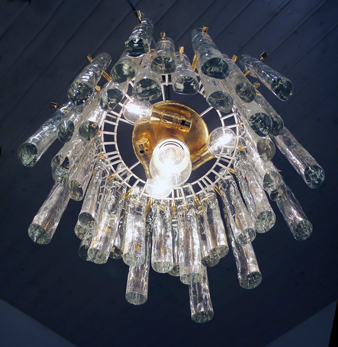 Mid-Century Modern 1960s Iced Sticks Chandelier Murano Glass & Gilt-Brass by Kinkeldey Germany For Sale