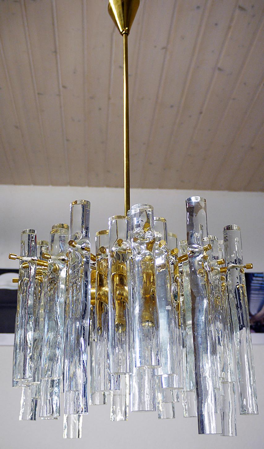 Hand-Crafted 1960s Iced Sticks Chandelier Murano Glass & Gilt-Brass by Kinkeldey Germany For Sale