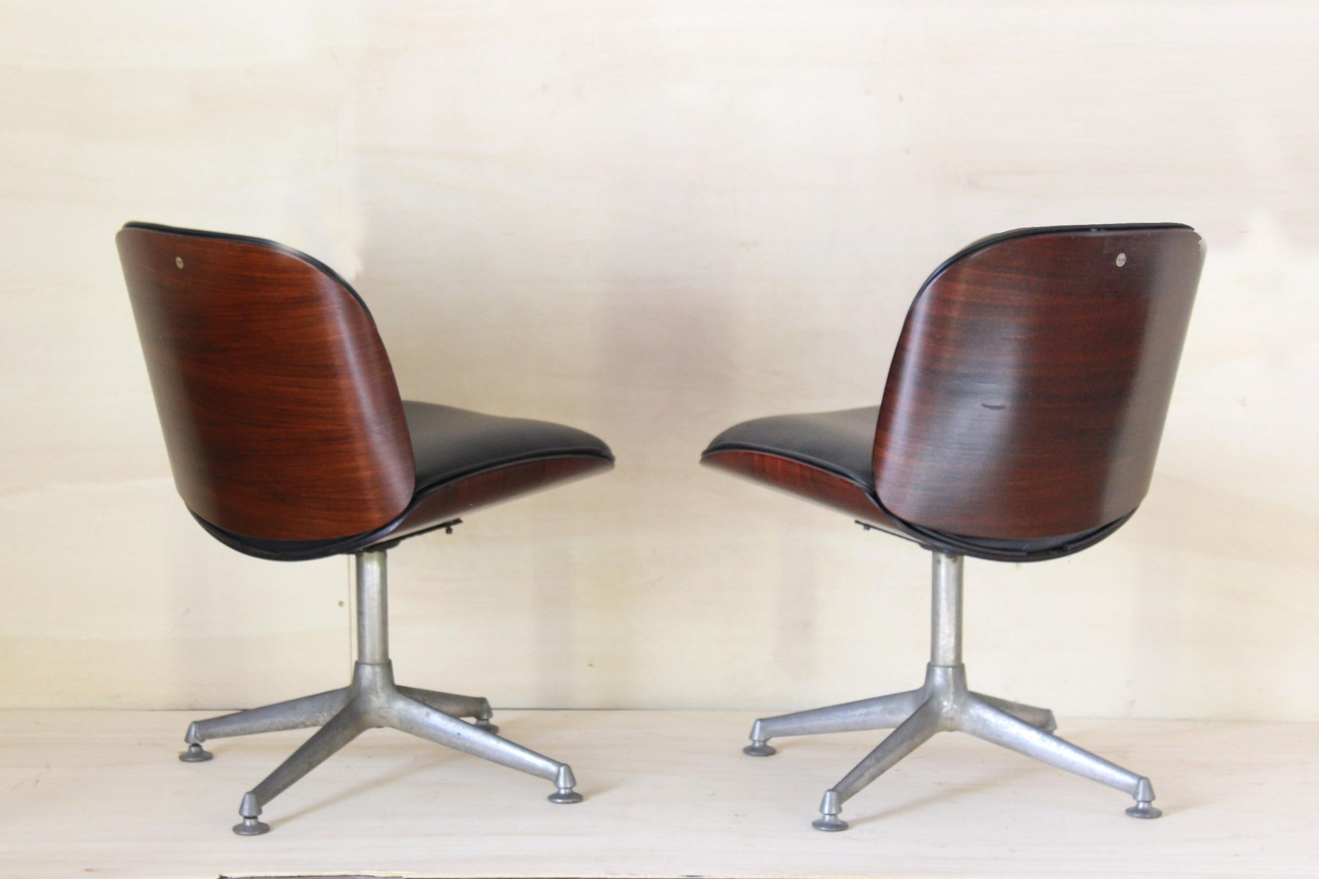 Mid-Century Modern 1960s Desk Vintage Leather Armchairs, Ico Parisi for Mim Roma Set of Two