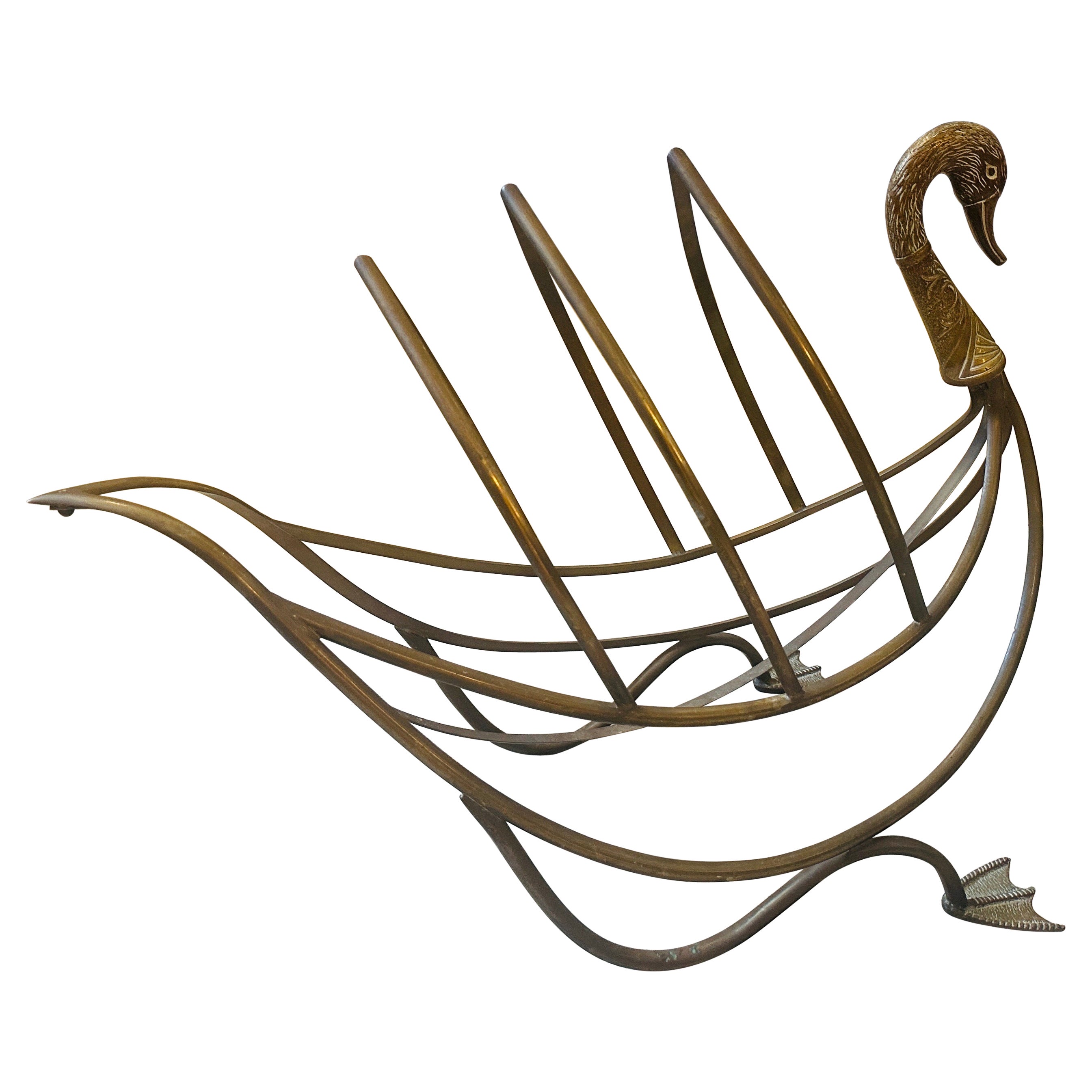 1960s iconic Brass French Swan Magazine Rack after Maison Jansen
